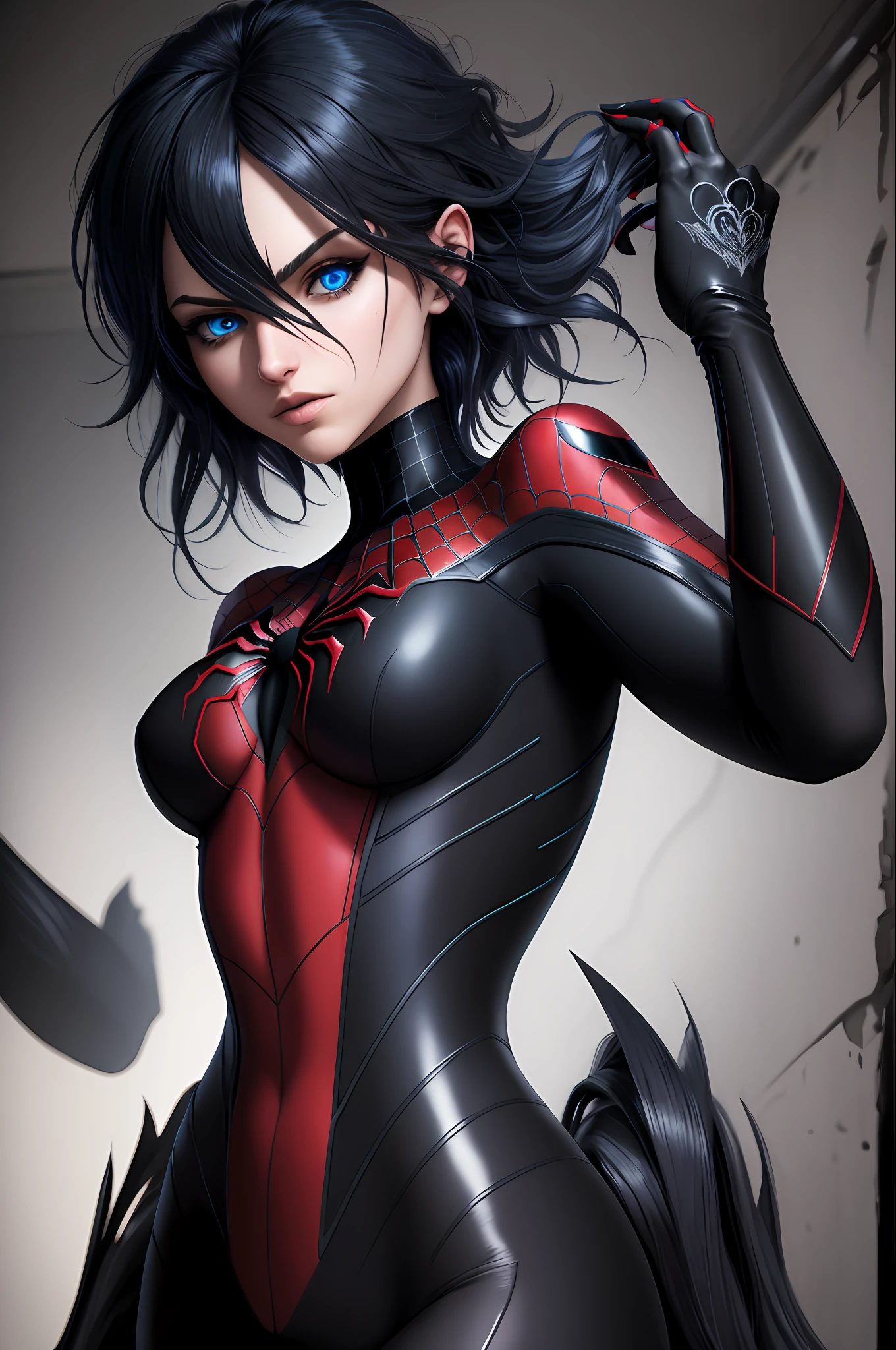 (((Masterpiece))), best quality, ultra-detailed CG unity 8k wallpaper, SFW (1person:1.3), woman, black emo scene hair, blue eyes, black spiderman suit
