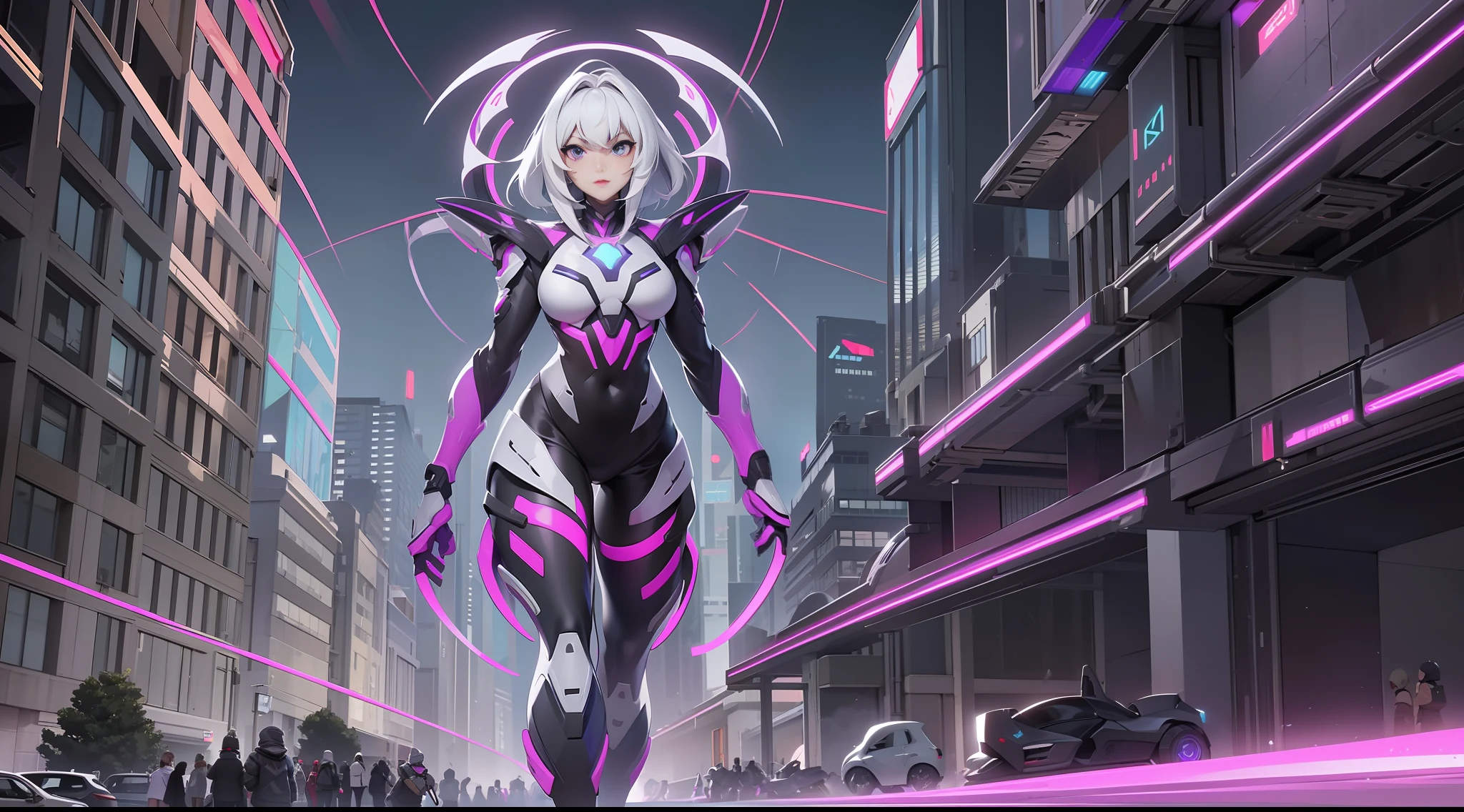 full body picture Unreal Engine 5 8K UHD of beautiful girl, short white hair, wearing futuristic black tight battle suit, futuristic tight helmet covered whole, futuristic neck collar, purple light details, evil face, best quality, masterpiece