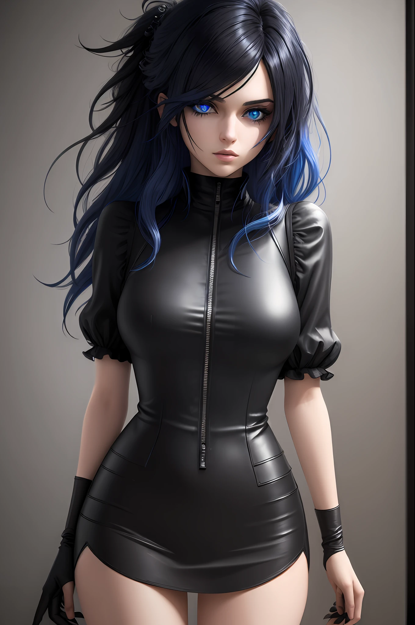 (((Masterpiece))), best quality, ultra-detailed CG unity 8k wallpaper, SFW (1person:1.3), woman, black emo scene hair, blue eyes