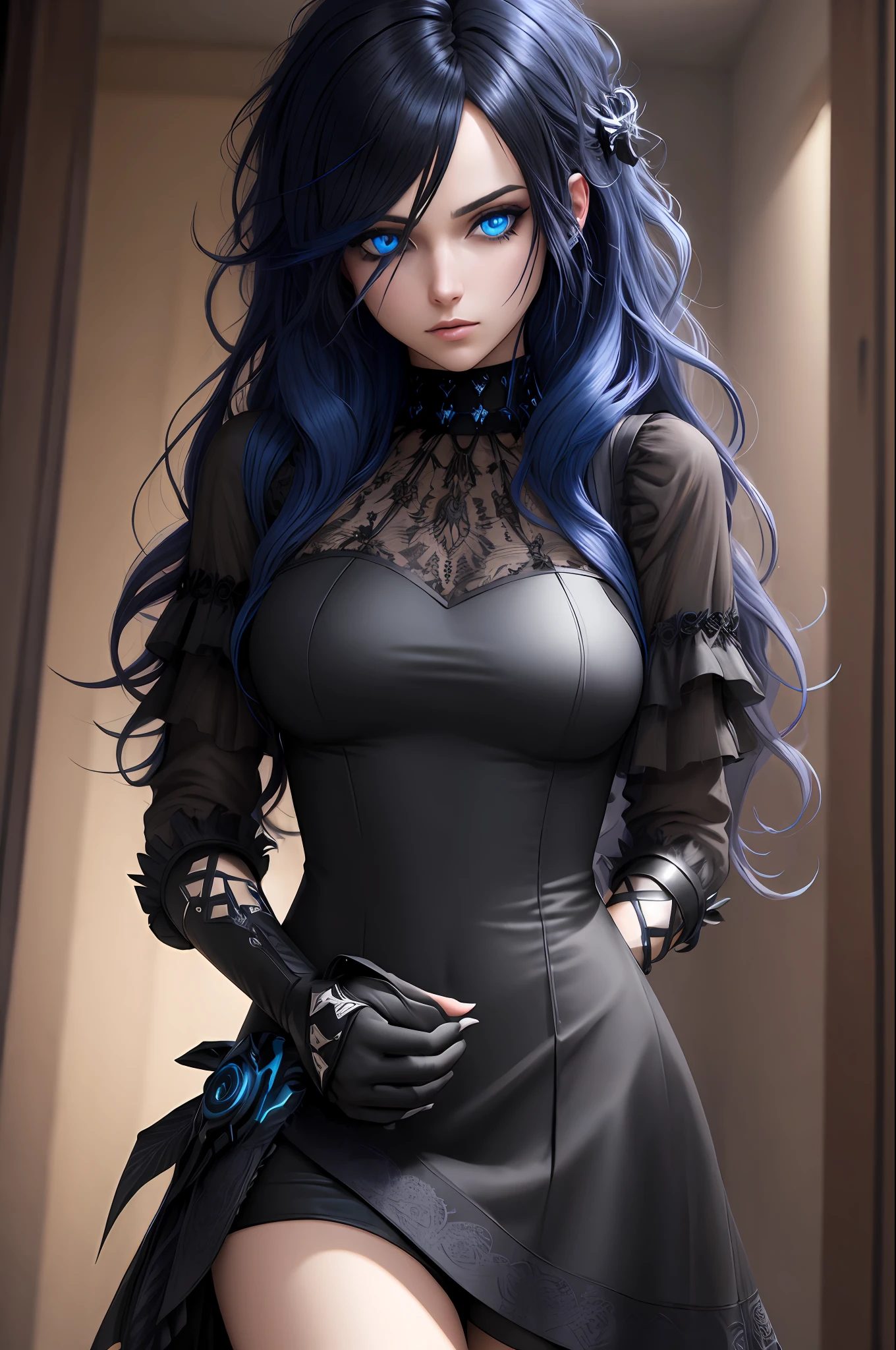 (((Masterpiece))), best quality, ultra-detailed CG unity 8k wallpaper, SFW (1person:1.3), woman, black emo scene hair, blue eyes