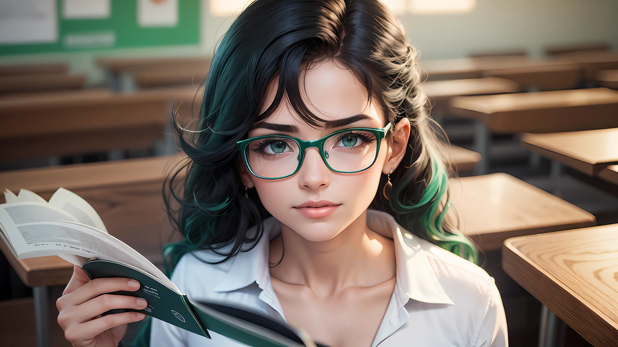 4k high definition image, 3D, Uma professora de 20 anos de idade, corpo inteiro, rosto perfeito detalhado, olho verde brilhante, peito pequeno pontudo, Using modern glasses for reading, 1.80cm de altura, lean athletic body, cabelo preto curto, fundo sala de aula. --auto --s2