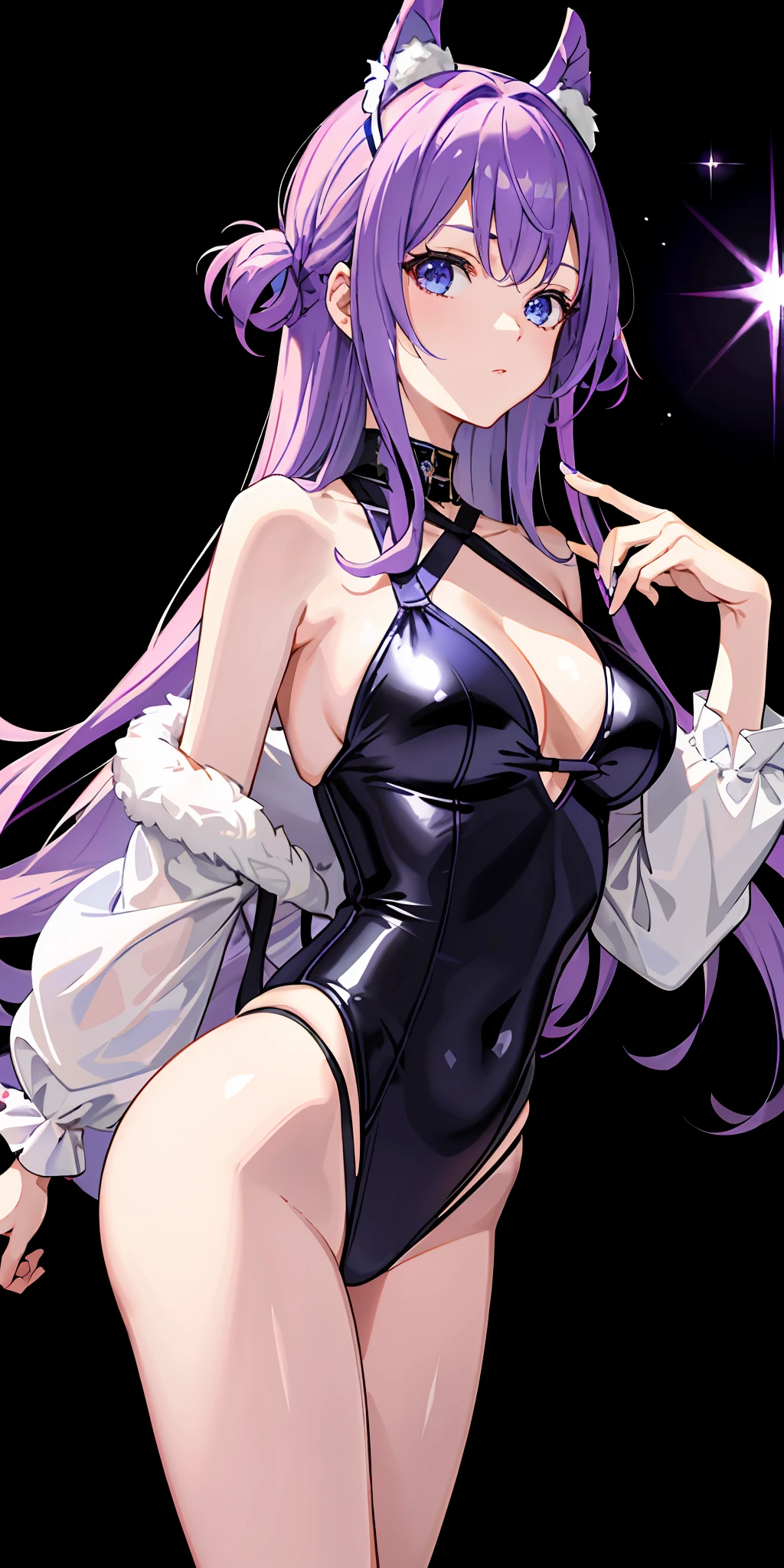 a 1girl、Bright、Purple hair、multicoloured hair、Blue eyes、Mask on the head、Sidelight、Particles of light、wallpapers、voluptuous voluptuous Idol、bswimsuit、Loose fluffy、quiet