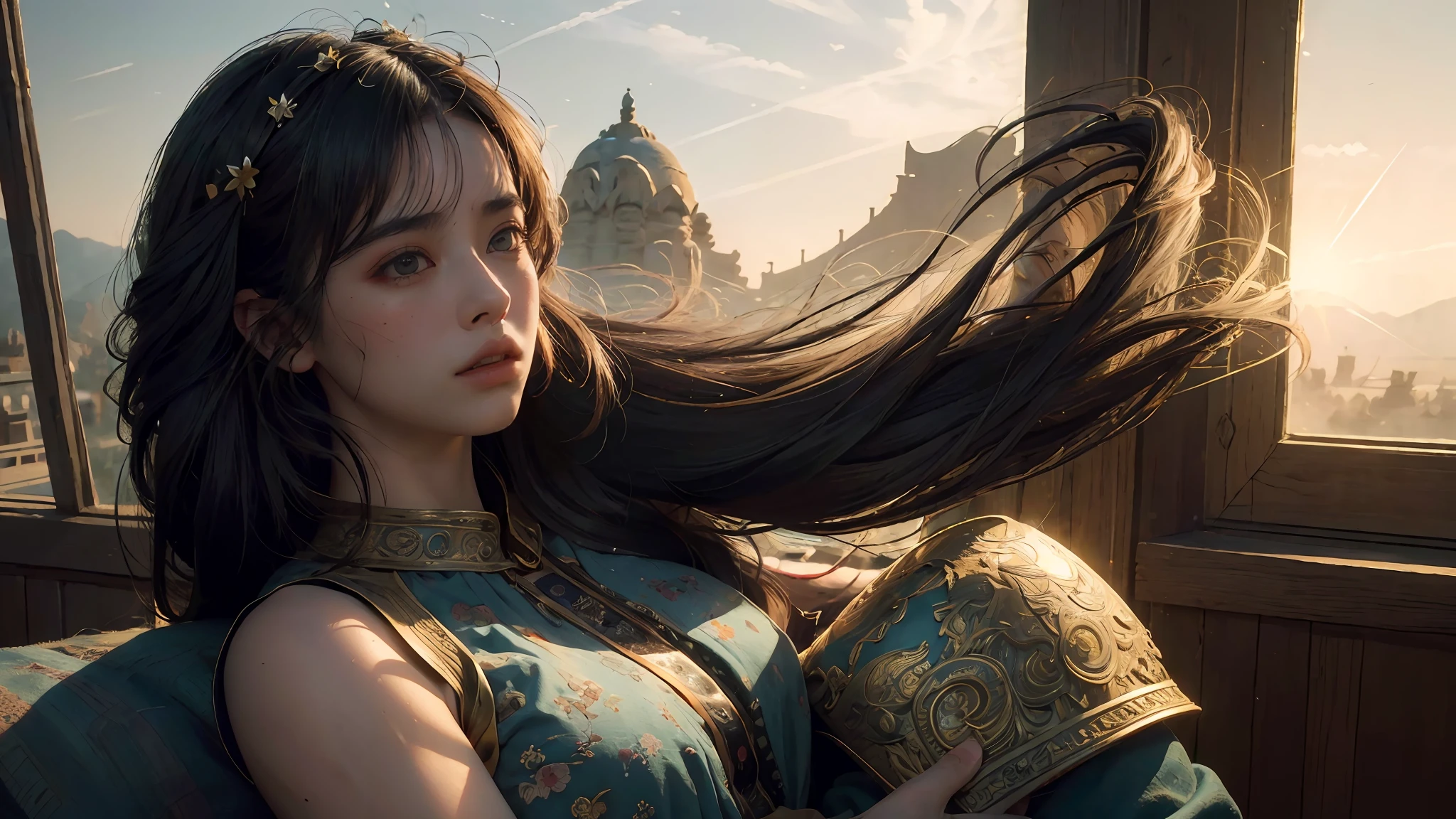 (RAW photo, best quality), (realistic, photo-realistic:1.3),best quality,highly detailed,masterpiece,ultra-detailed,illustration,1girl,upper_body,dynamic angle,world masterpiece theater,messy_long_hair,best quality,extremely detailed CG unity 8k wallpaper,ink,Amazing,cinematic lighting,lens_flare,,dunhuang_style