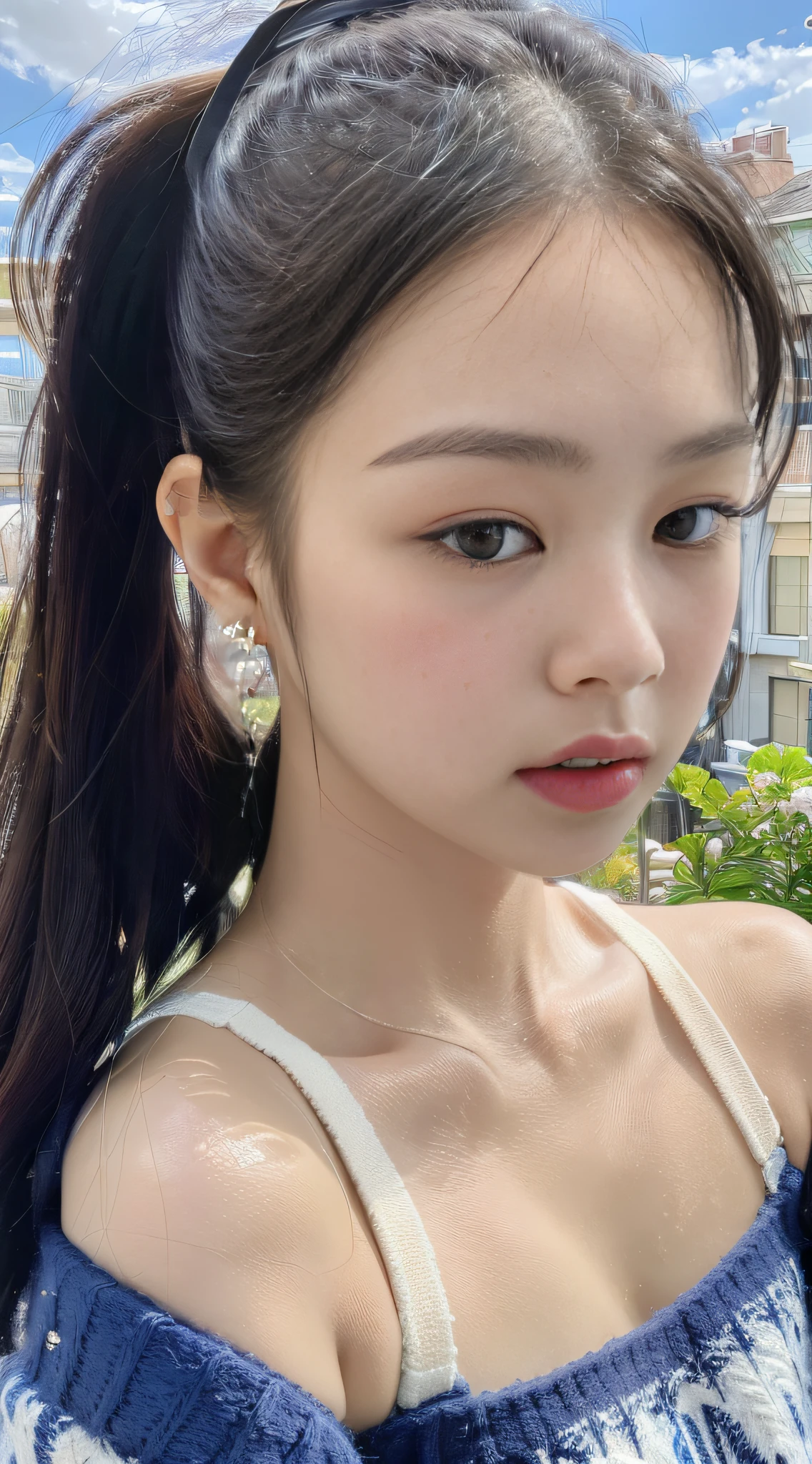 Bestquality， MASTERPIECE， Jennie face shape，ponytail, solo,_Kim Ji-ni Jennie face，Wear a royal blue armband sweater，Short model，White bandeau inside，blue shorts，，sex appeal，cuteness，white legwear，Background campus，FULL-bodyphoto，looks at the viewer，World-weary face，Indifferent eyes，Korean style photo photo，Photographic lighting，Strong contrast，Sunlight on the face，World-weary face，Sense of premium， 8K resolution image，Intricately symmetrical details。The movements are smooth，Full picture。