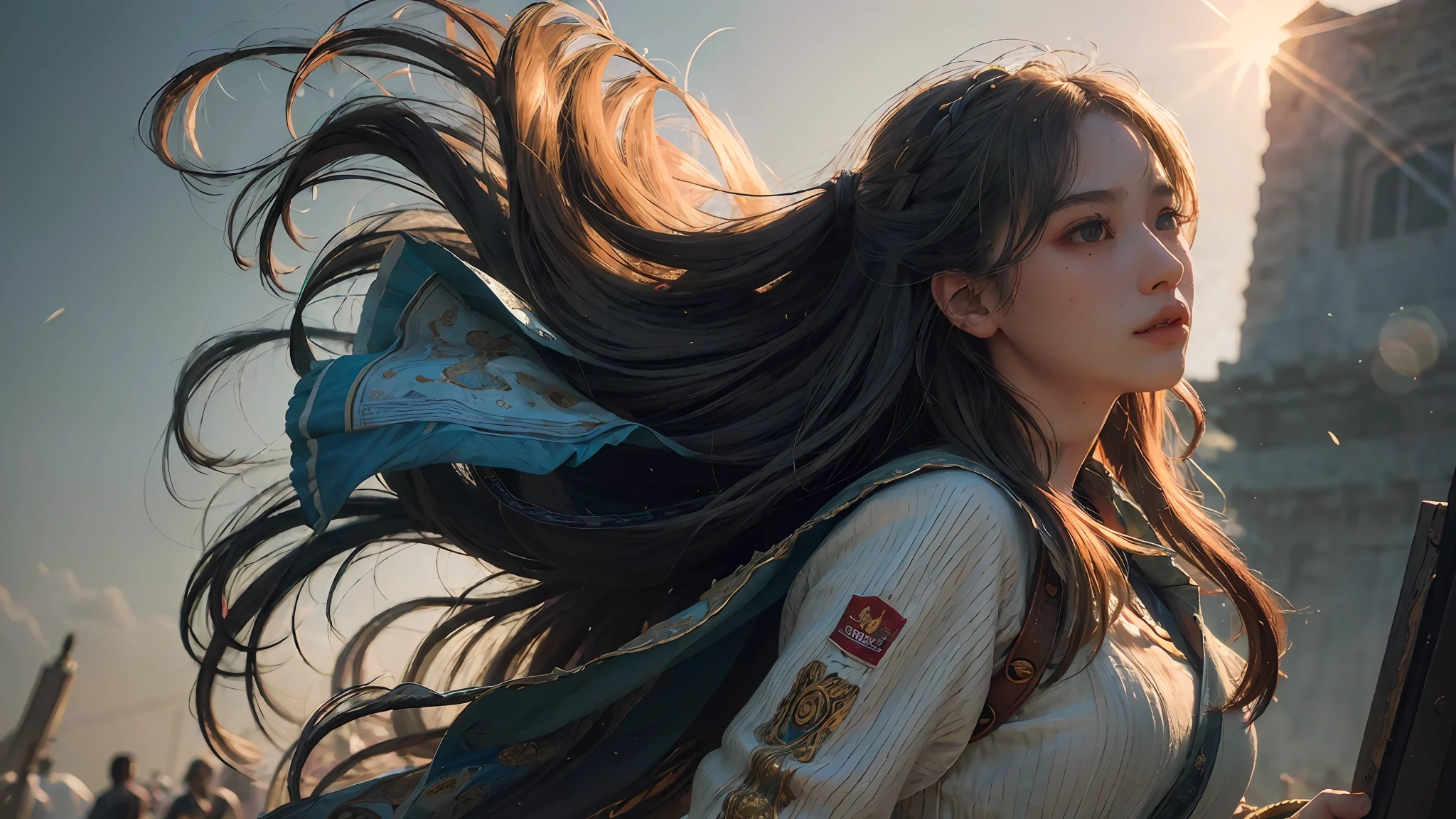 (RAW photo, best quality), (realistic, photo-realistic:1.3),best quality,highly detailed,masterpiece,ultra-detailed,illustration,1girl,upper_body,dynamic angle,world masterpiece theater,messy_long_hair,best quality,extremely detailed CG unity 8k wallpaper,ink,Amazing,cinematic lighting,lens_flare,,dunhuang_style