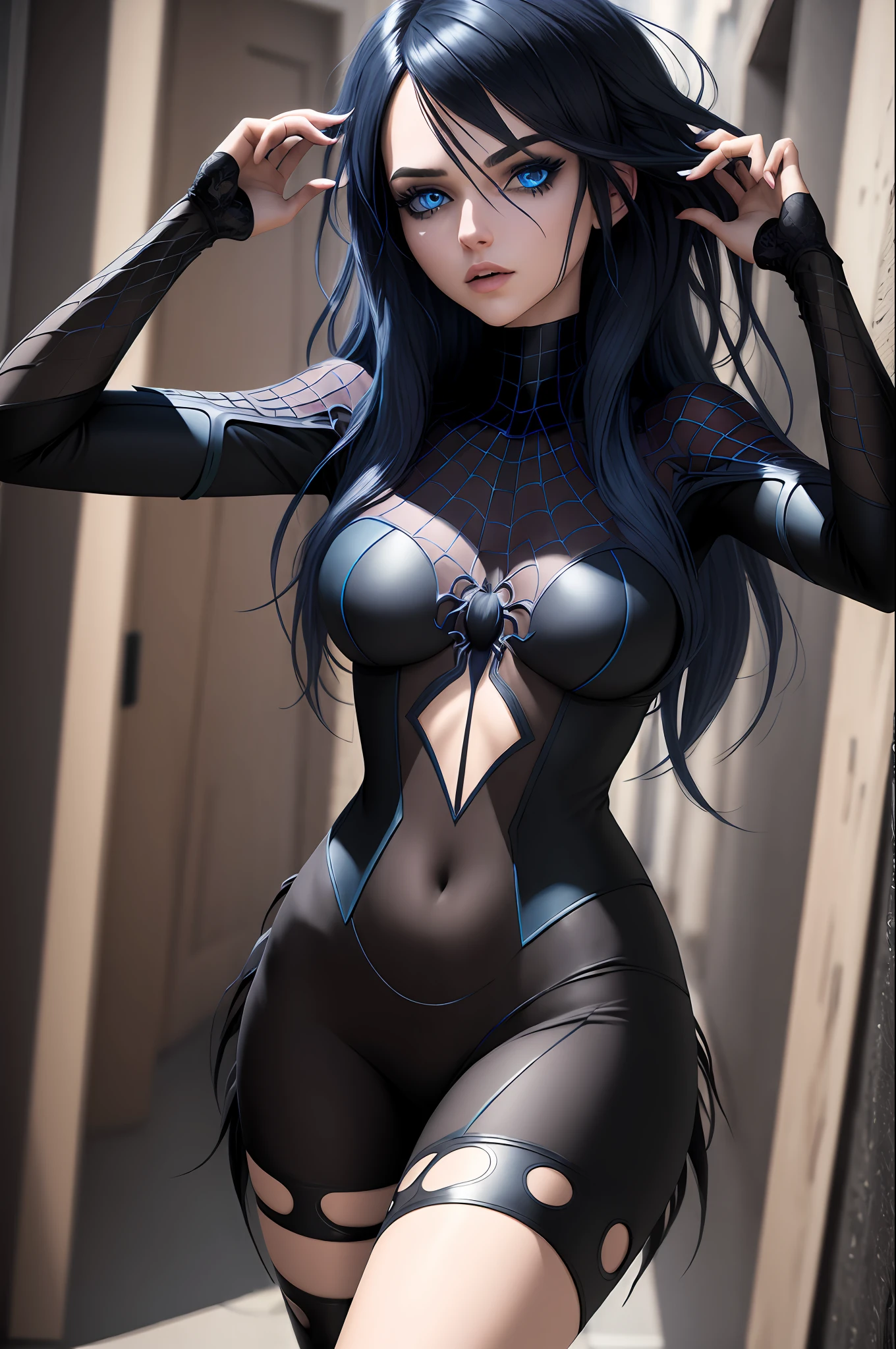 (((Masterpiece))), best quality, ultra-detailed CG unity 8k wallpaper, SFW (1person:1.3), woman, black emo scene hair, blue eyes, black and blue spider man