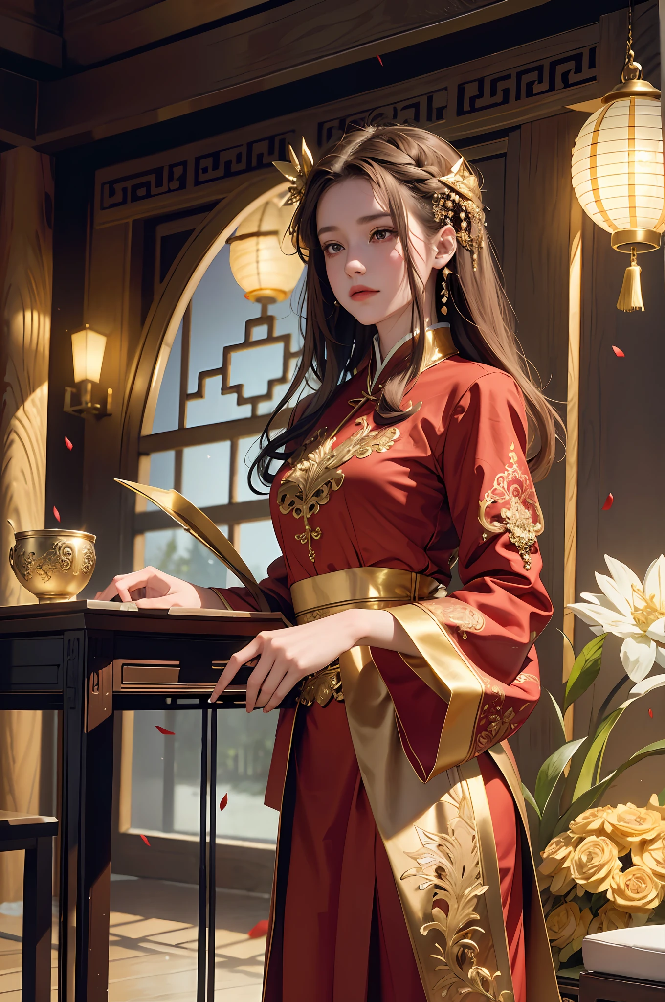 best quality, masterpiece, highres, (exquisite body:1.5),gorgeous face,(milky skin:1.3),intricate details,high resolution,wallpaper,
1girl, solo, dress, hair ornament, (((gold and red dress))), flowers, long hair, brown hair, closed mouth, jewelry, long sleeves, hand up, wide sleeves, big eyes,floating hair, chinese clothes, hanfu, embroidery, long skirt, natural pose, falling petals, indoor,fanning, lantern,
16K,HDR,highres,depth field,(film grain:1.1),boken,golden hour,(lens flare),vignette,rainbowing,(color grading:1.5)