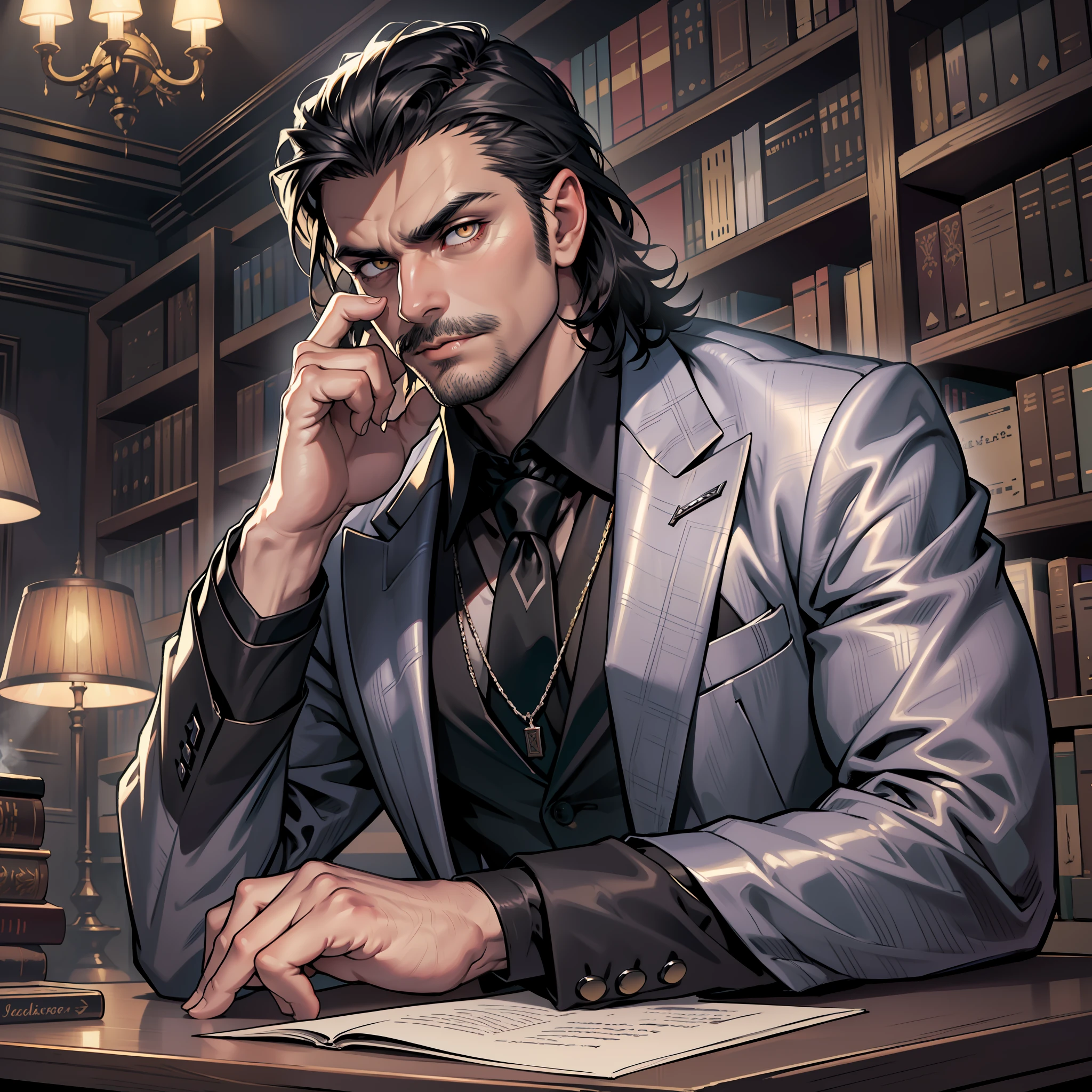 (extremely detailed 8k wallpaper), dark theme, Vampire the Masquerade, modern horror, 2020s, middle-aged man, wearing expensive black designer suit with silver tie, sharp focus, (subsuperficial scattering:1.1), award-winning photography, centered face, Oscar Isaac's face, ((a shapeshifter))), half-body shot:1.1, medium black hair, supernatural yellow eyes, black beard and mustache,  enigmatic expression, mystical library interior with a large silver dagger on a study table, dramatic lighting