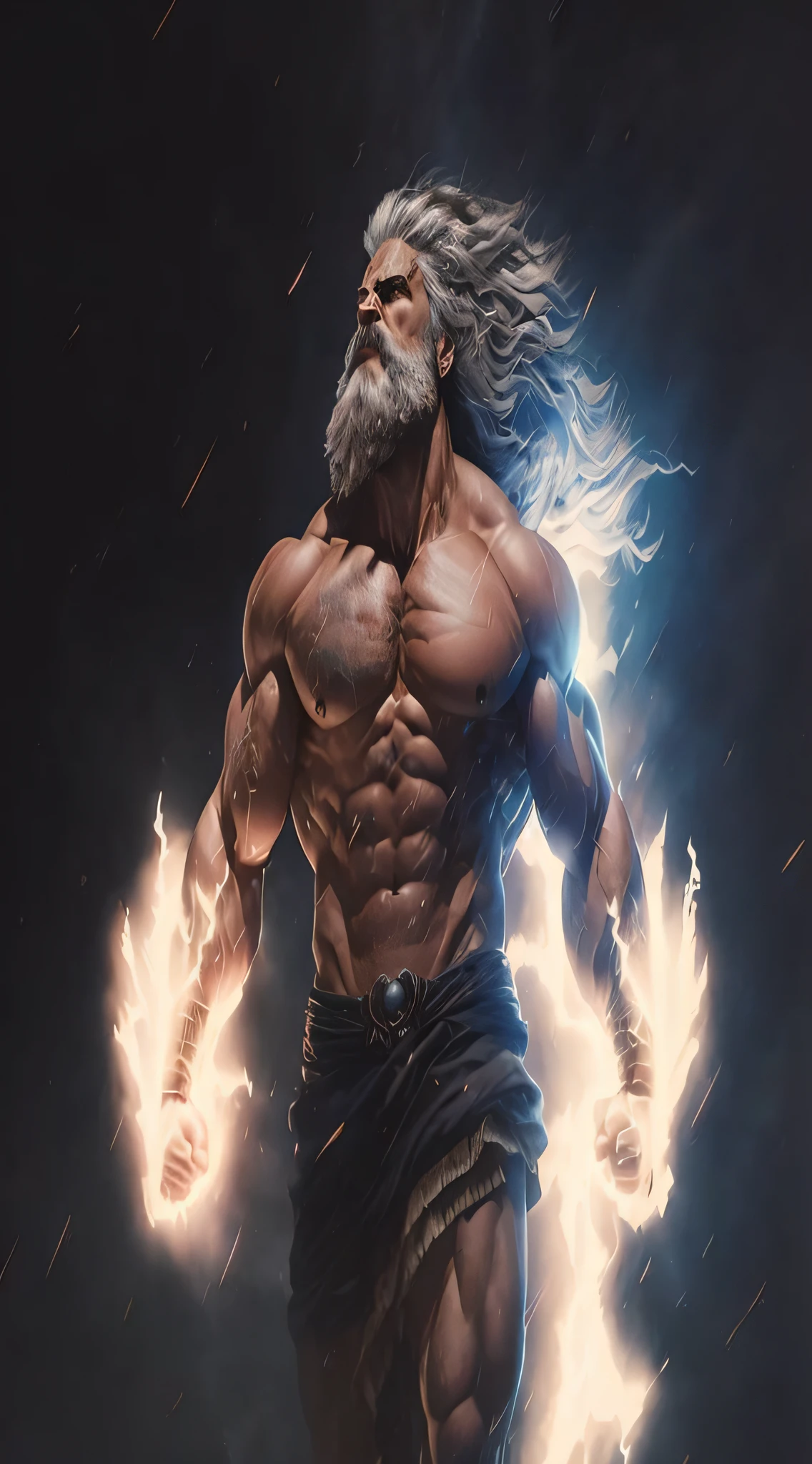 Studio Ghibli Art, Zeus as a god of thunder, lean muscles, in the style of realistic and hyper-detailed renderings, dungeons e dragons, 8k, olhos detalhados, olhos perfeitos, epico, dramatic, fantastical, corpo inteiro, design intrincado e detalhes, dramatic illumination, hiper-realismo, fotorrealista, cinematic, 8k, rosto detalhado, dramatic photo, epic photo, corpo inteiro