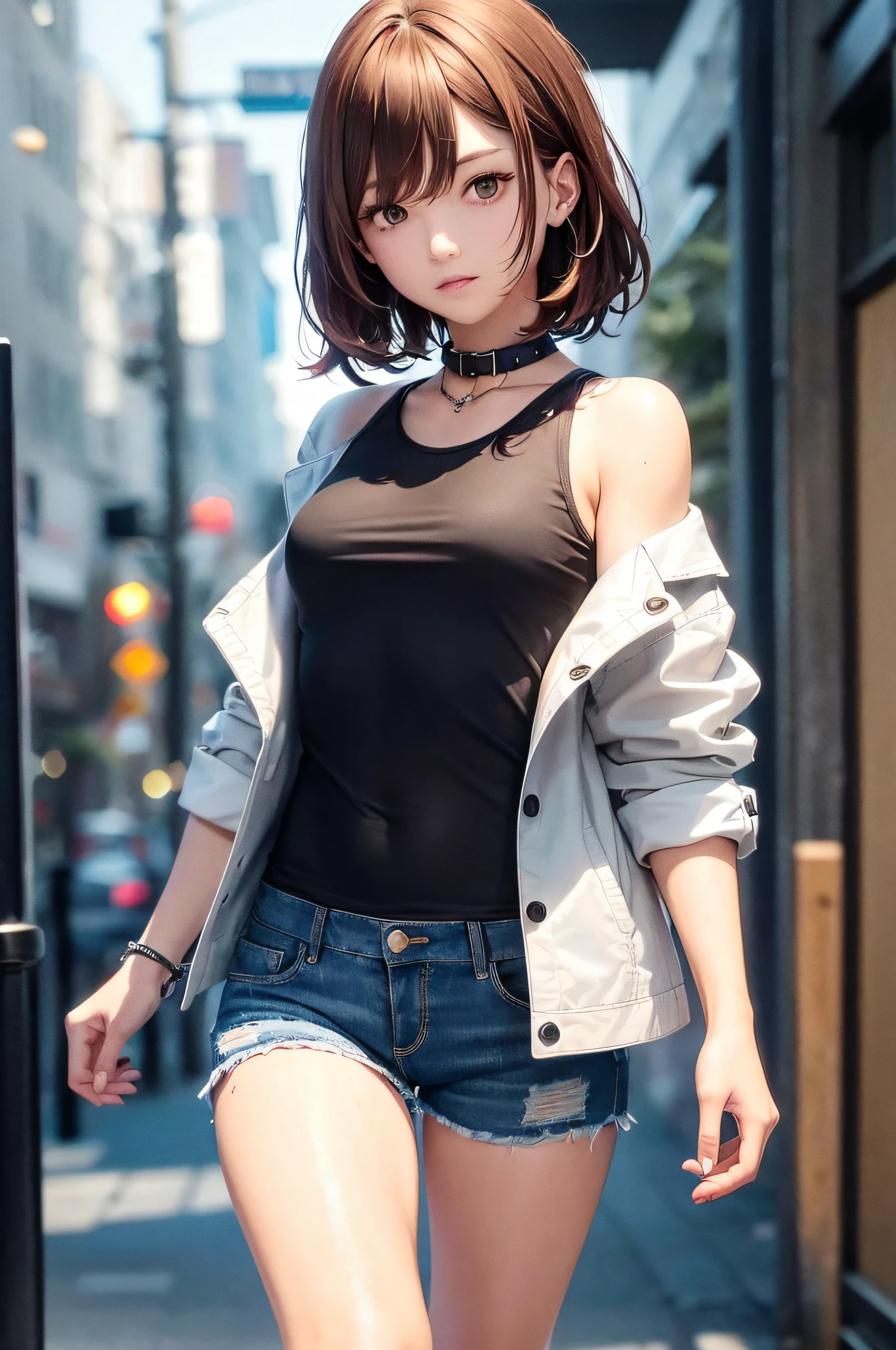 ((Medium, Tomboy, Small Head)), (Perfect Body: 1.1), (Short Wavy Hair: 1.2), Reddish Brown, Collar, Chain, Full Body Shot, Crowded City, Black Tank Top, Jeans Jacket, (Shorts), (Very Elaborate CG 8K Wallpaper), (Very Delicate and Beautiful), (Masterpiece), (Best Quality): 1.0), (Ultra High Definition: 1.0), Beautiful lighting, perfect lightning, Realistic Shadows, High Resolution, Detailed Skin, Super Detail ((Colorful)), Naked