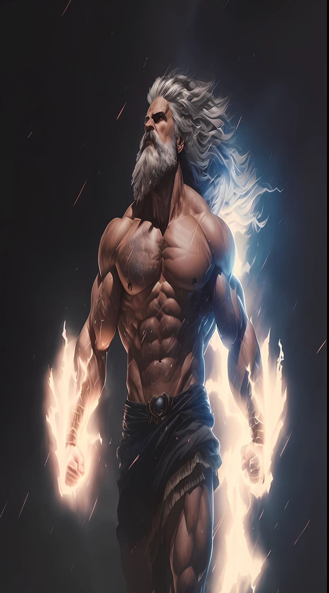 Studio Ghibli Art, Zeus as a god of thunder, lean muscles, in the style of realistic and hyper-detailed renderings, dungeons e dragons, 8k, olhos detalhados, olhos perfeitos, epico, dramatic, fantastical, corpo inteiro, design intrincado e detalhes, dramatic illumination, hiper-realismo, fotorrealista, cinematic, 8k, rosto detalhado, dramatic photo, epic photo, corpo inteiro