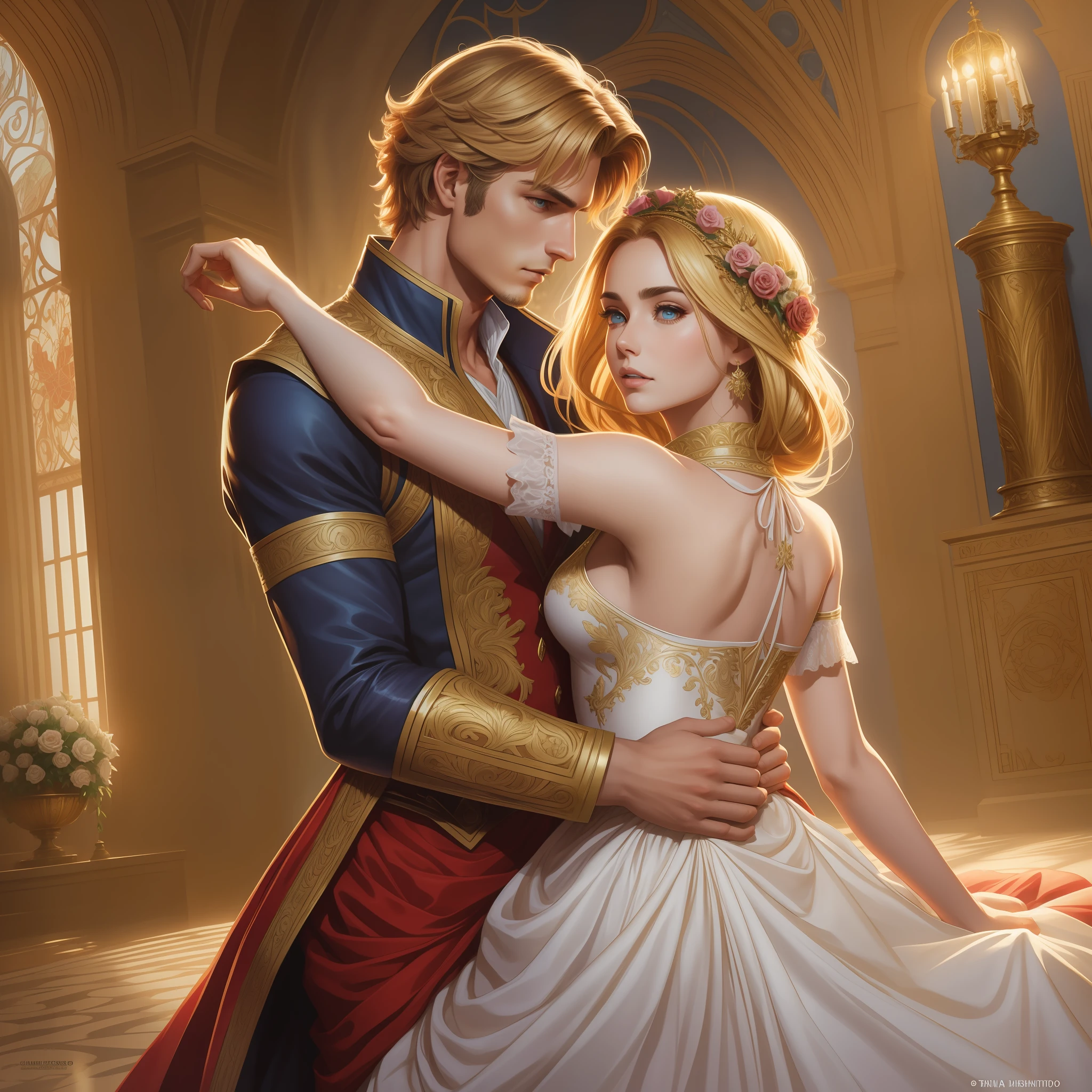 Couple dancing a man and a woman with much affection, the man Neels Visser is a prince who has golden blonde hair, wears a medieval military garb and is in love with the commoner, a mulher Lily Collins;, que tem cabelo BRANCO COM PENTADO MARIA ANTONIETA moreno encaracolado e usa um vestido BRANCO, Illustration of a novel book cover with a detailed background, liso, brilhante cheio de flores cobertas de hera e rosas vermelhas, castelo, Ornate dress standing on a bed of roses, Anel luminoso, dynamic lighting, ethereal lighting, ultra detalhe, arte conceitual, elegante, surreal, arte por Lisa Aisato, Greg Hildebrandt, Citemer Liu, Stjepan Sejic, Samyang, Aykut Aydogdu, Justino Geraldo, Alphonse Mucha, Artgerm, WLOP e Greg Rutkowski