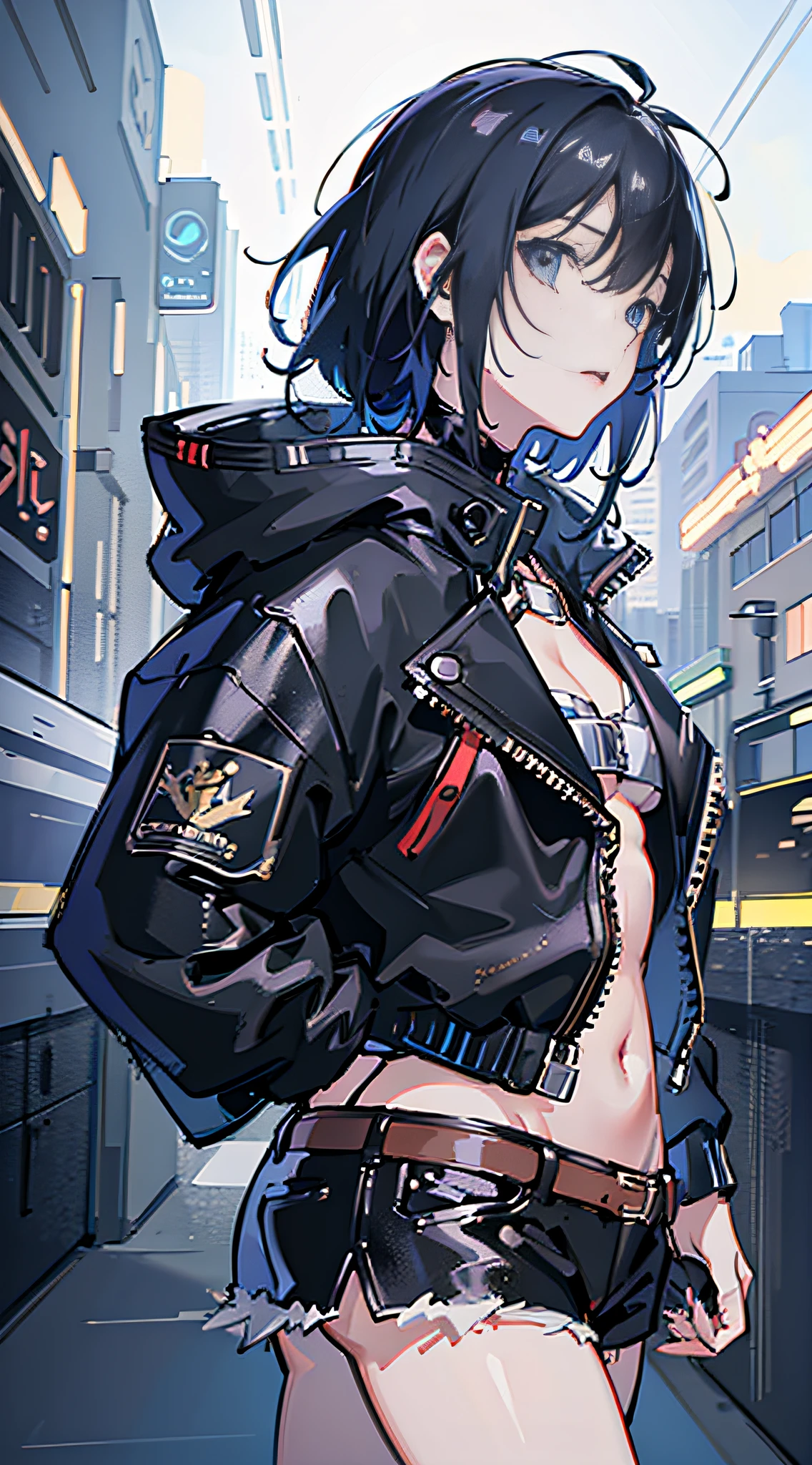1girl, jacket, rain, outdoor, hoodie, open jacket, chain, backpack, looking at another, messy hair, trending on artstation, 8k resolution, highly detailed, anatomically correct, sharp image, digital painting, concept art, trending on pixiv, style of makoto shinkai,