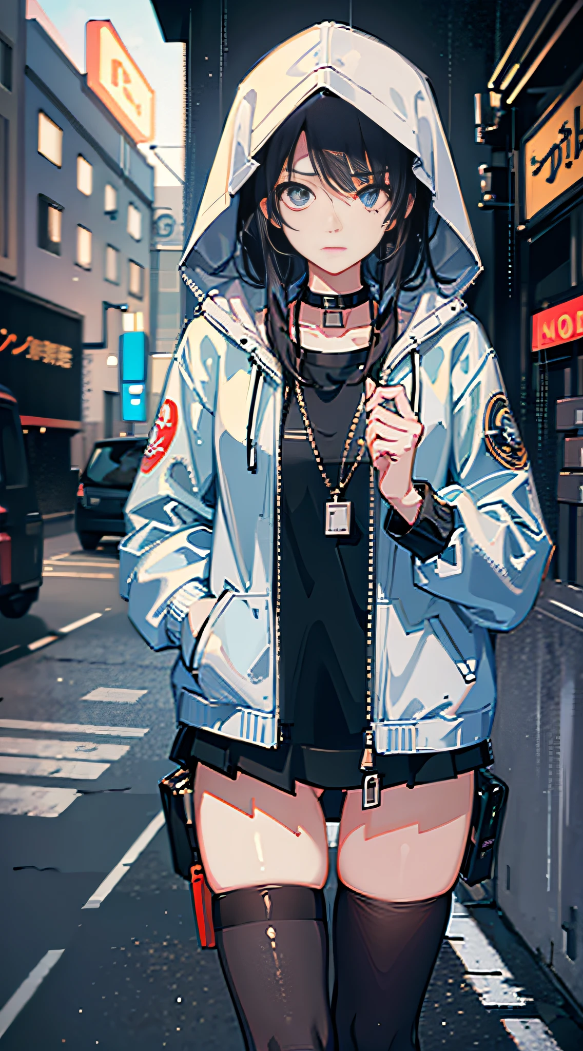 1girl, jacket, rain, outdoor, hoodie, open jacket, chain, backpack, looking at another, messy hair, trending on artstation, 8k resolution, highly detailed, anatomically correct, sharp image, digital painting, concept art, trending on pixiv, style of makoto shinkai,