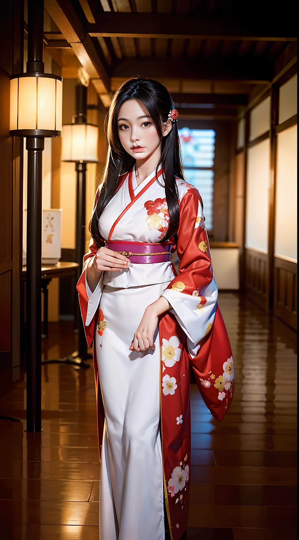 arafed asian woman in a kimono dress posing for a picture, a photorealistic painting by Yu Zhiding, trending on artstationh, fantasy art, palace , a girl in hanfu, artwork in the style of guweiz, chinese girl, beautiful digital artwork, traditional beauty, cinematic. author:leng jun, wearing ancient chinese clothes, Beautiful figure painting of best quality, Super High Resolution,