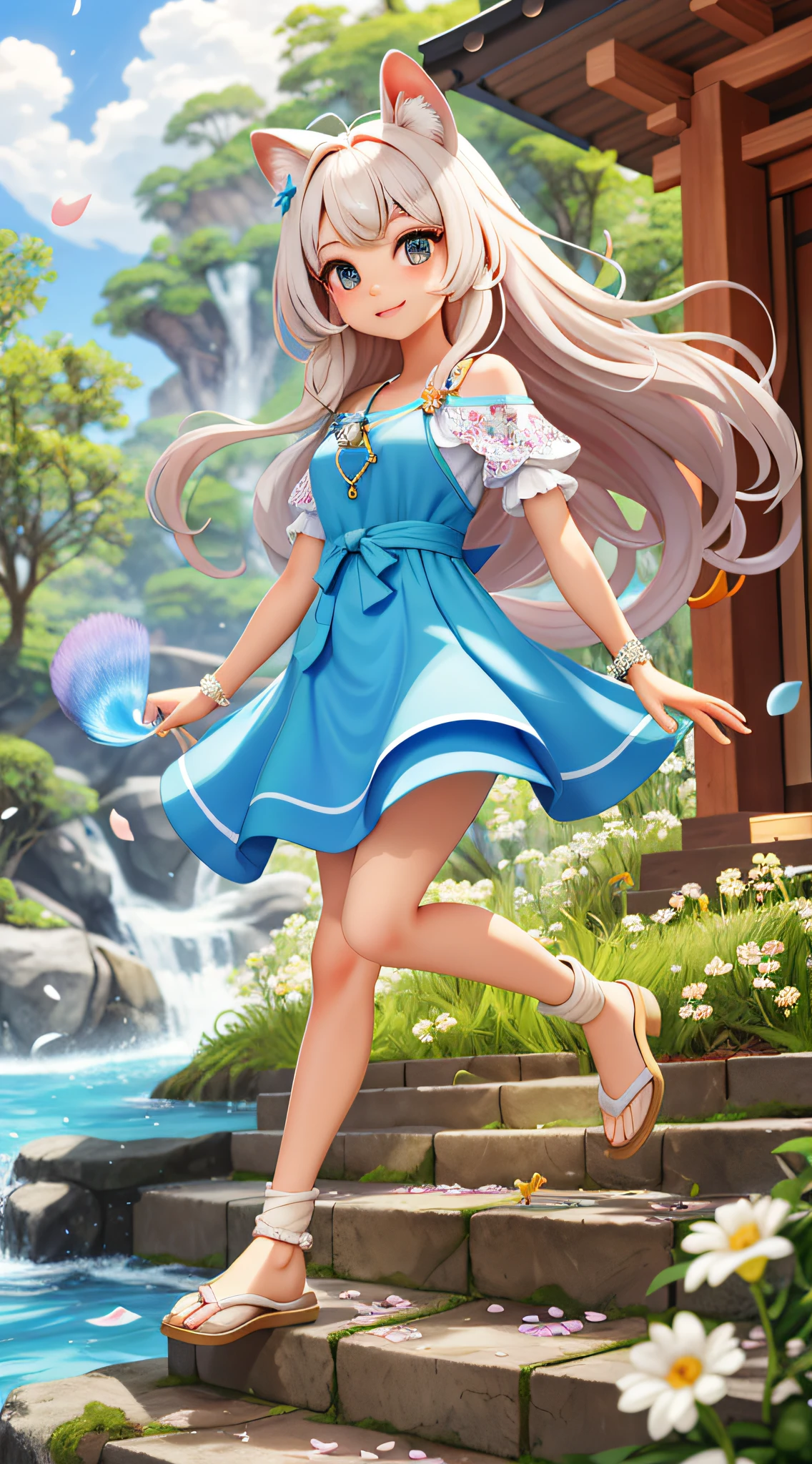 raposa menina, cabelos longos, cabelo brancos, orelhas de lobo, olhos vermelho, mangas compridas destacadas, quimono branco, minissaia plissada, Rabo de Raposa, luz solar difusa, profundidade de campo, light particles, vento forte,
ceu azul, shrine, escadas de pedra, falling flower petals, foco facial