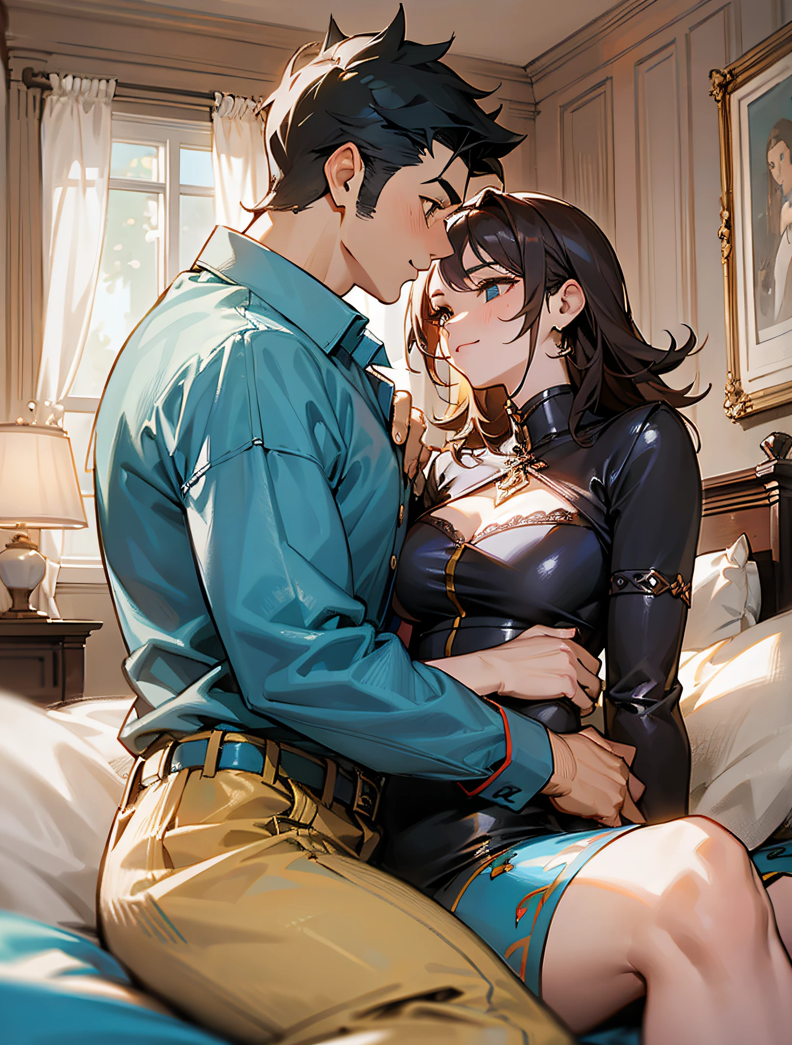 MASTERPIECE，of the best quality，Male and female couple chatting in bed，big bed，bedrooms，close，Artie Guélin style