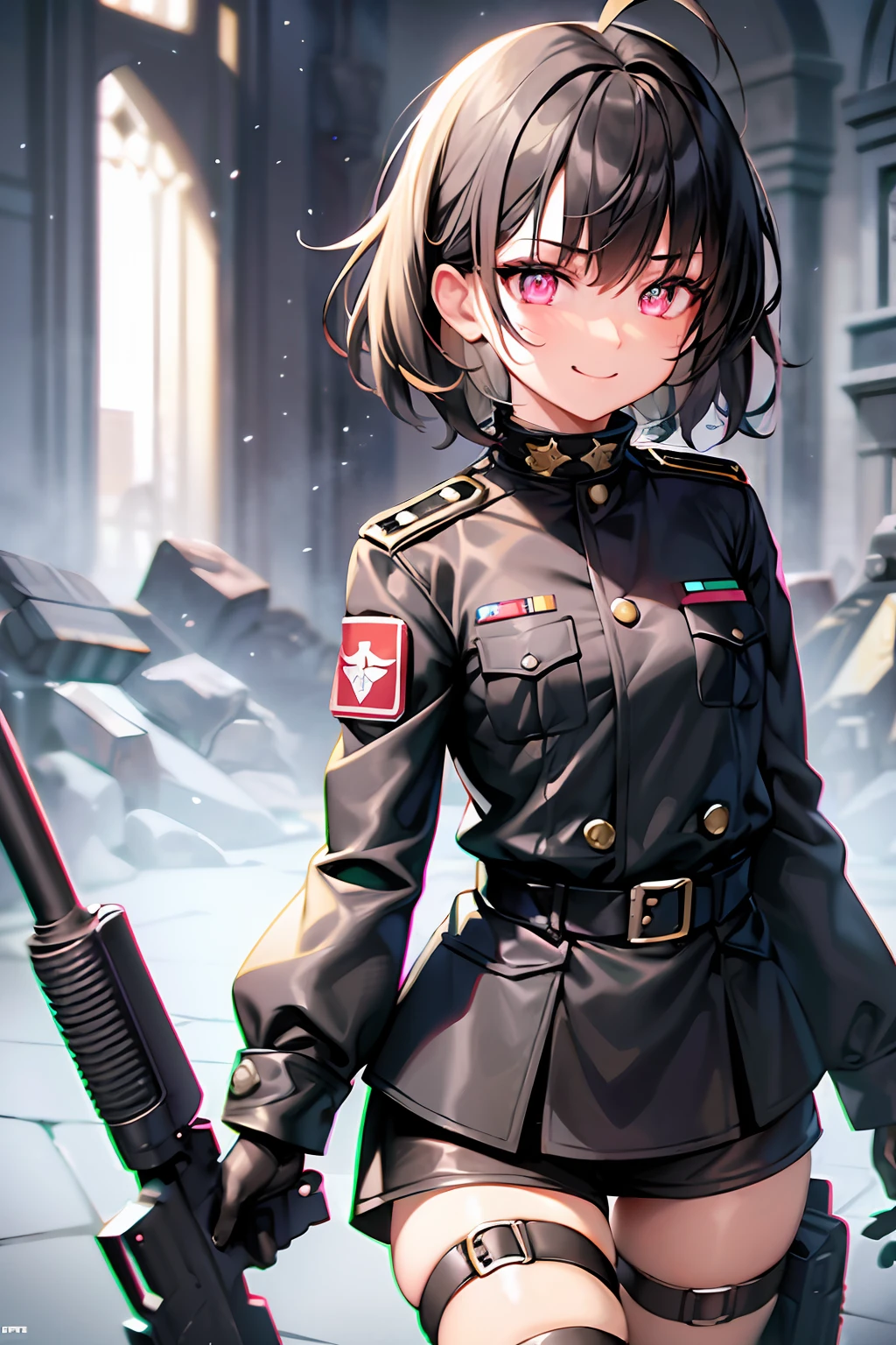 The girl wore a black German military uniform, Girls' Front, animated, extremely beautiful detailed anime face, realistic, whole body,  focus on eyes, holding_weapon, beautiful detailed fullbody, petite, girl, baby,5 years old, short hair, messy hair, wept bangs, blonde hair, disheveled hair, ahoge, Delicate facerain, baby face, ((detailed glowing eyes)), fang, ((flat chest)), blue eyes, black_gloves, gun, military, boots, black Clothes, grand space, floating, God Light, Absurd, artbook, extremely detailed 8K wallpaper, very precise detailed, absurdres, {{{{{{{hensin}}}}}}},{{{{glowing neon arms}}}},{{{{glowing neon legs}}}}, (naughty smile), detailed gun,