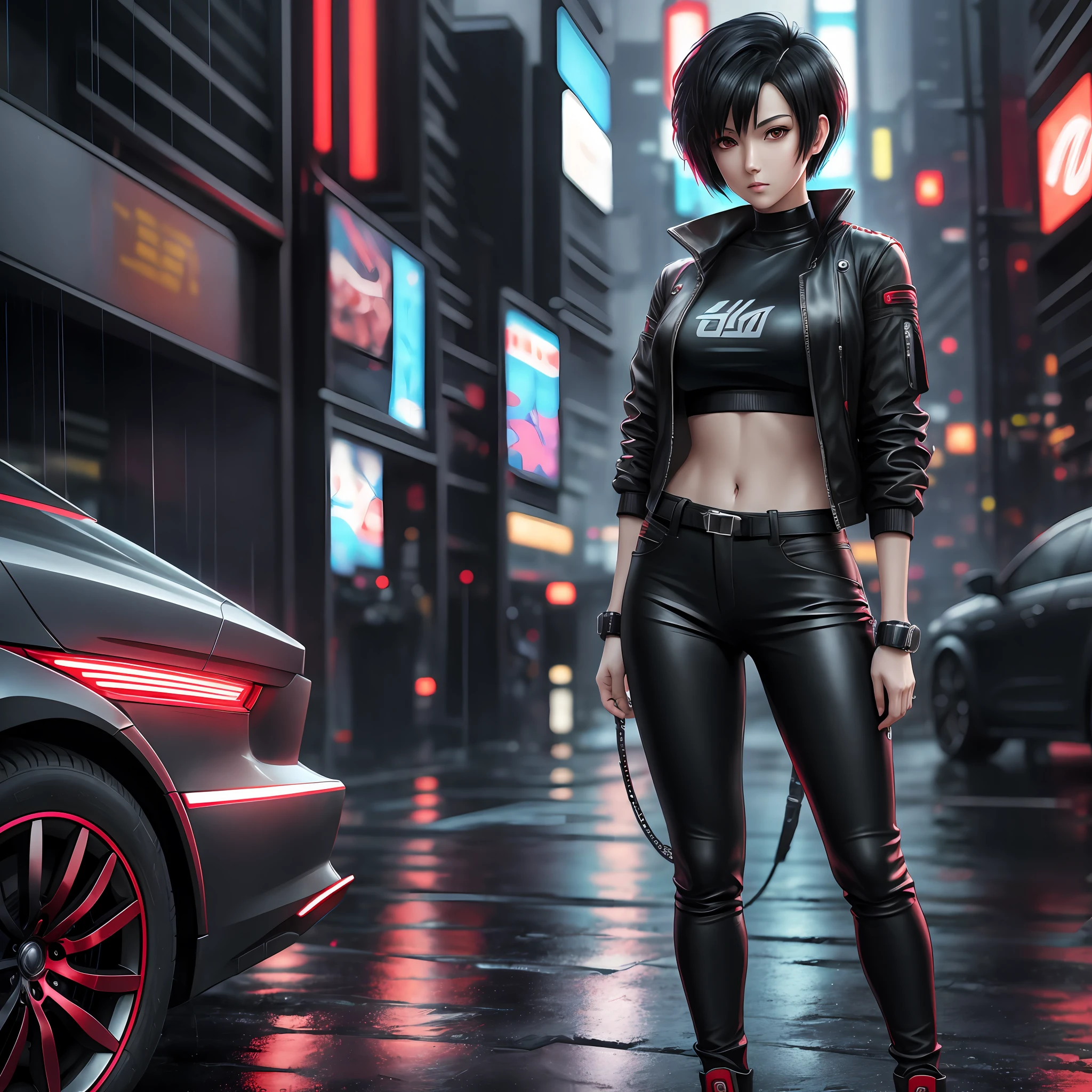 anime woman, short black hair, red eyes, looking at rain, young adult, in front of cyberpunk car, loose leather pants, future sneakers, white skin, 8k, wallpaper, best quality, ultra high res --auto --s2