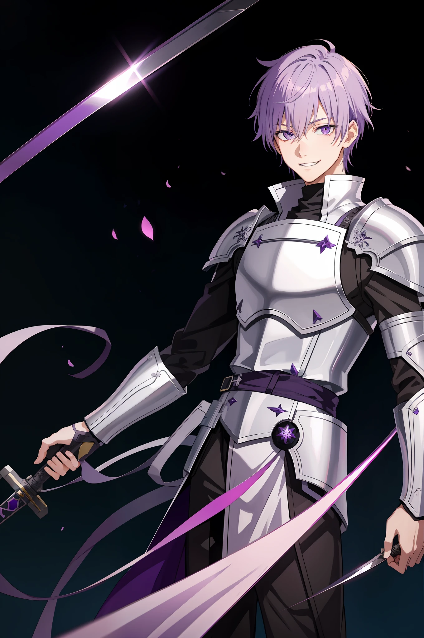 anime boy, lavender colored hair, dark purple eyes, knight uniform, sword, armor, fantasy, smiling grin, field background, intricate details, depth of field, 8K, UHD, DSLR, Soft lighting, high quality, film grain, fujifilm XT3, pushing hair back