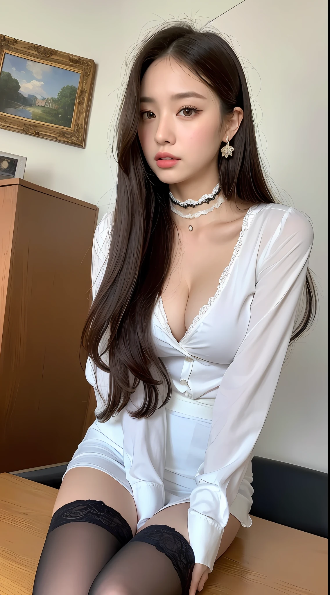 (masterpiece:1.3), (best quality:1.2), (intricate detailed:1.2), (hyperrealistic:1.2), (professional photograpy: 1.1), highly detailed, illustration, absurd res, perspective, detailed background, background blur, focus, 21 years old woman, a woman sitting in the office room, tempting pose, a white wall, a grey table, posters on the wall, 1girl, CEO, (medium breasts), long hair, perfect hands, detailed fingers, beautiful detailed eyes, perfect eyes, seductive eyes, brown eyes, legs spread, panties shot, (unbutton white tight shirt: 1.2), nametag, cleavage, black mini skirt, black choker, earrings, stockings, looking at the viewer, from front, better hands, art by paul thomas anderson, (photographed on a Sony A7R II with Sony 16-35mm lens, 1/250th, f/5.6, ISO 1250),