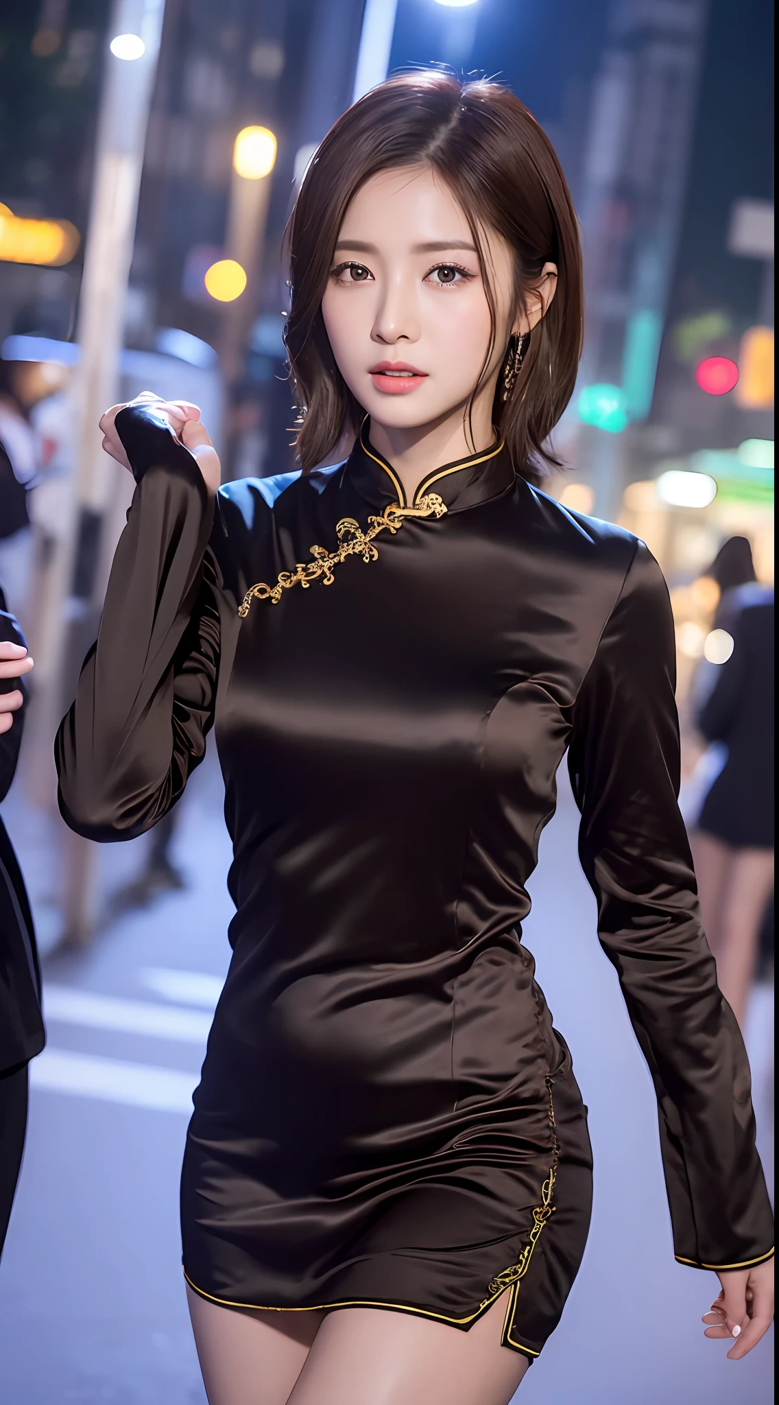 ((Realistic lighting, Bestquality, 8k, MASTERPIECE:1.3)), Sharp Focus:1.2, 1girl, A beauty with a perfect figure:1.4, Slim abs:1.1, ((Dark Brown Hair)), (Purple silk cheongsam:1.4),(out door,at nighttime:1.1),City street,Ultra-fine face,Fine eyes,Double eyelidd,