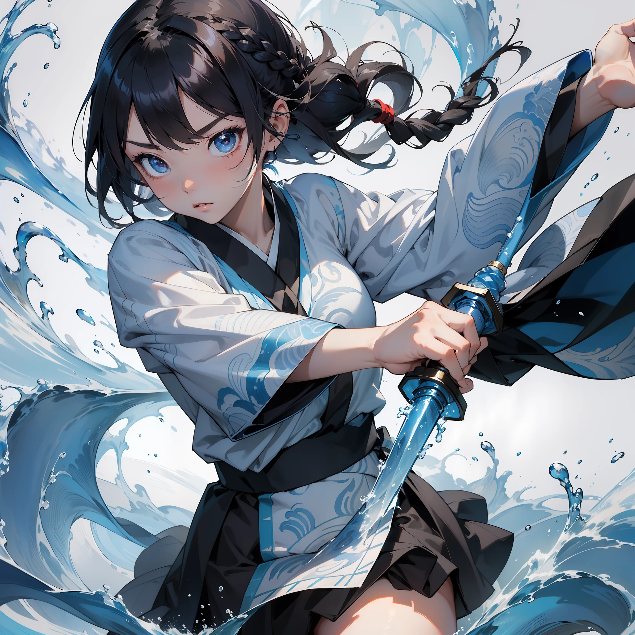 Masterpiece, 1girl, close up, wear blue hanfu, Chinese Traditional cloth, ((holding a water sword,)) long black hair, hair braid, blue wave  background, water effect, ink painting style, dynamic pose, battle pose