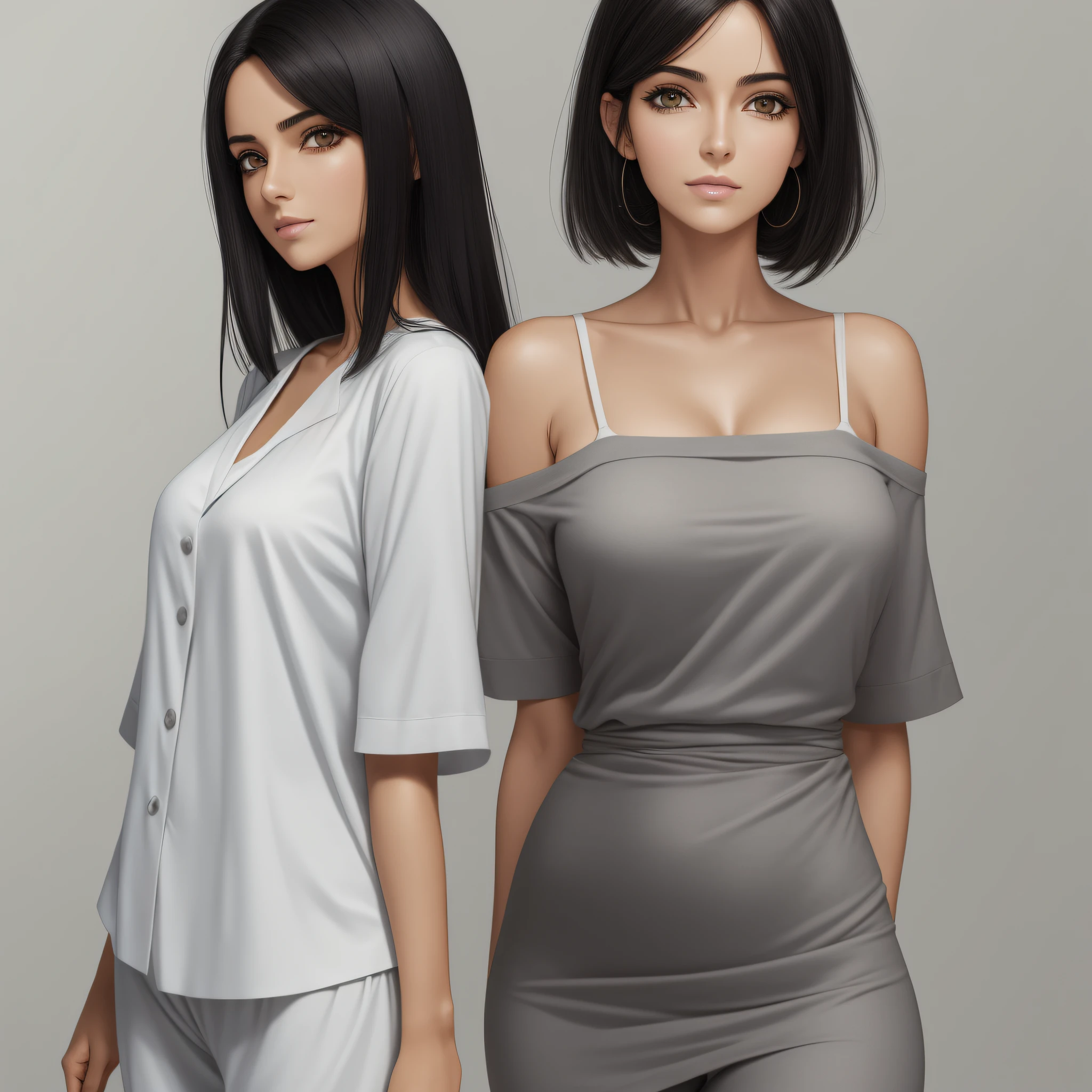 mulher magra, roupas grandes, pernas magras, roupas hospitalares, cabelos curto, disease, Pijama, black hair, asymmetrical hair, olhos em branco, sorrir, feliz, Hiper realismo, anime style, Realismo, anatomicamente correto, pele texturizada, melhor qualidada