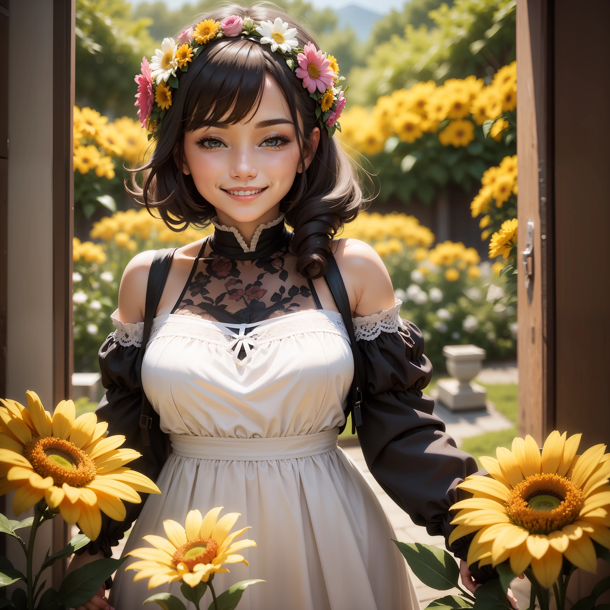 A photo of a smiling woman with flowers, Nikon D850, 85mm lens