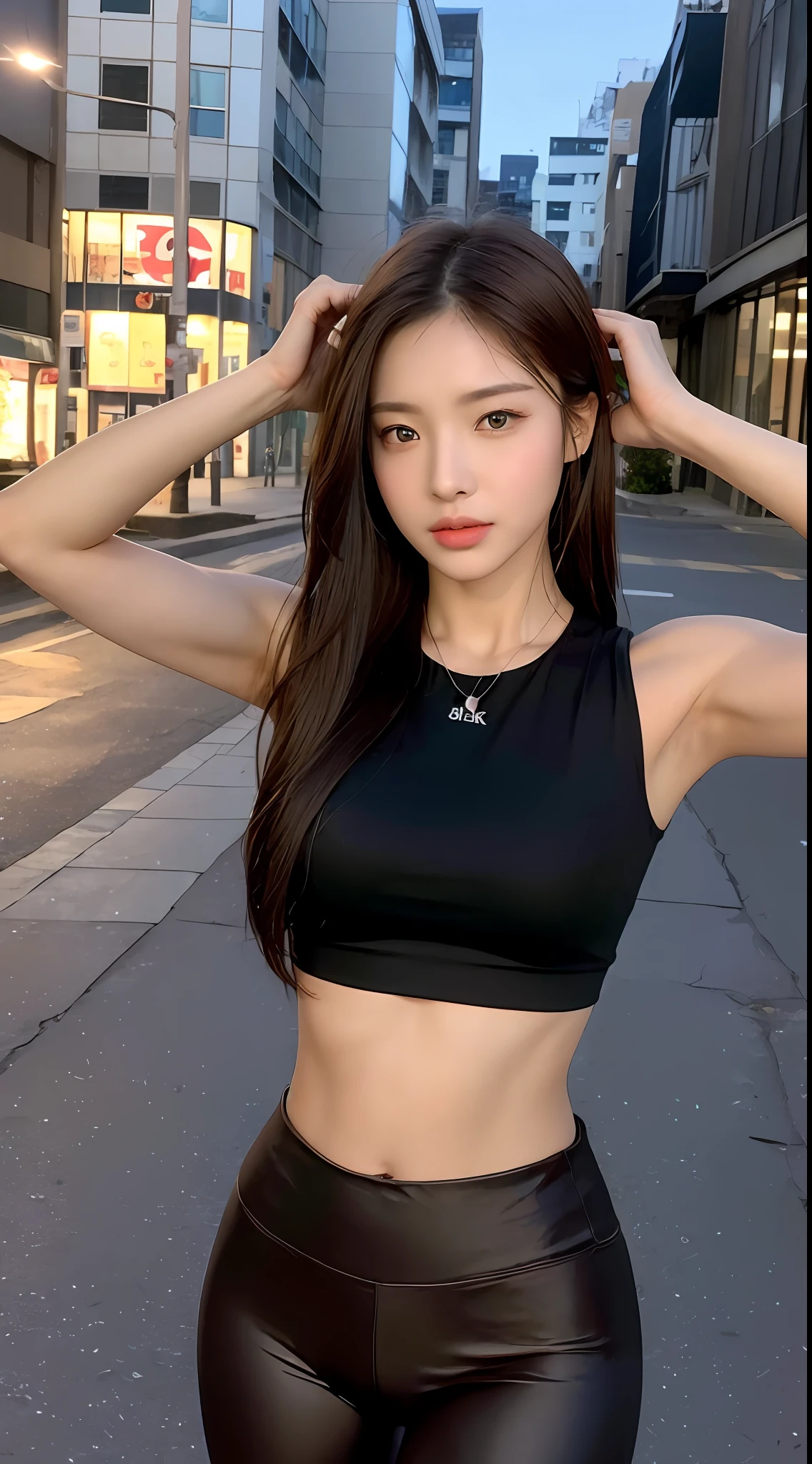 ((Realistic lighting, Bestquality, 8k, MASTERPIECE:1.3)), Sharp Focus:1.2, 1girl, A beauty with a perfect figure:1.4, Slim abs:1.1, ((Dark Brown Hair)), (Slim fit yoga pants:1.4),(out door,at nighttime:1.1),City street,Ultra-fine face,Fine eyes,Double eyelidd,