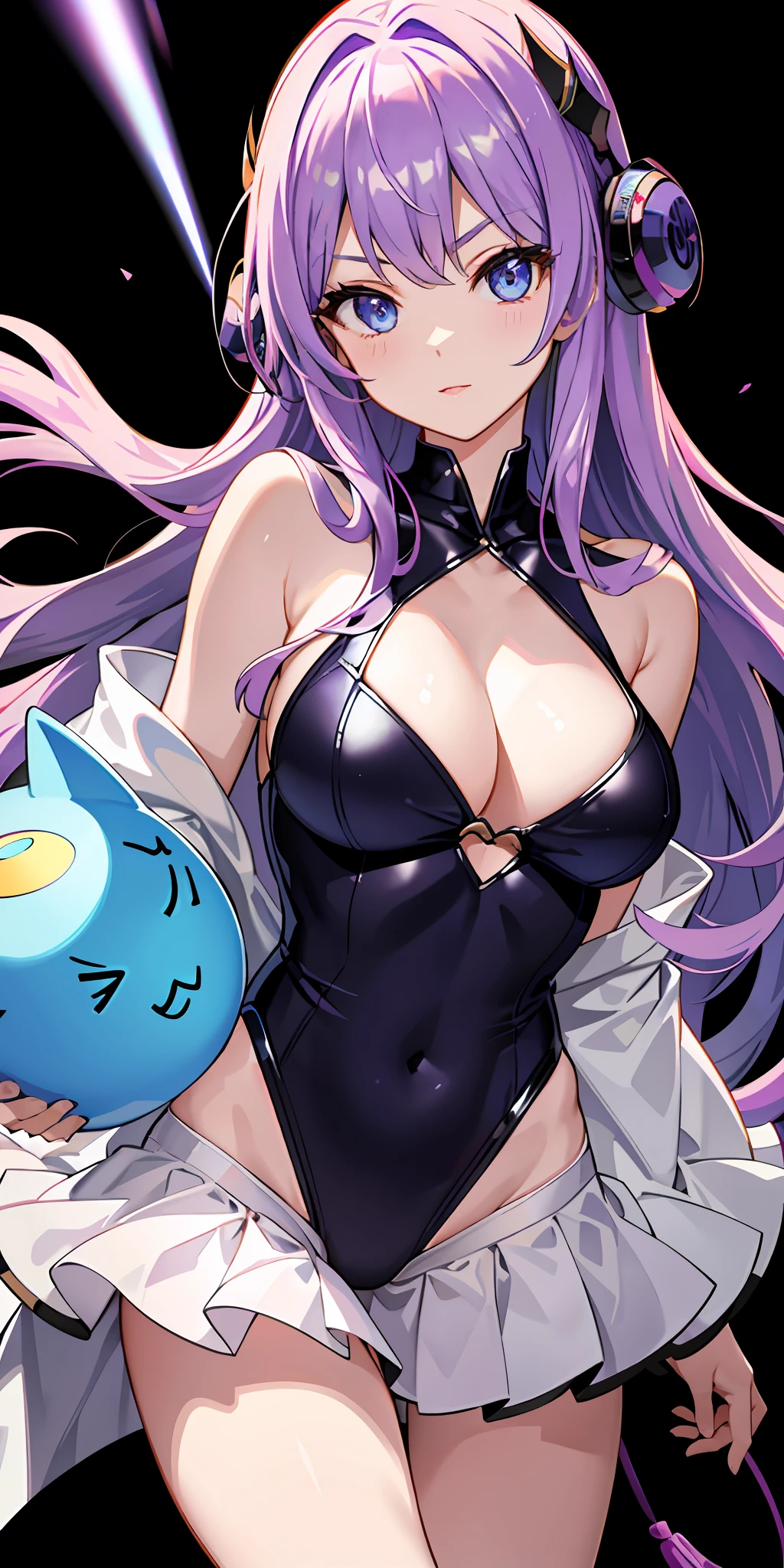 a 1girl、Bright、Purple hair、multicoloured hair、Blue eyes、Mask on the head、Sidelight、Particles of light、wallpapers、voluptuous voluptuous Idol、bswimsuit、Loose fluffy、quiet
