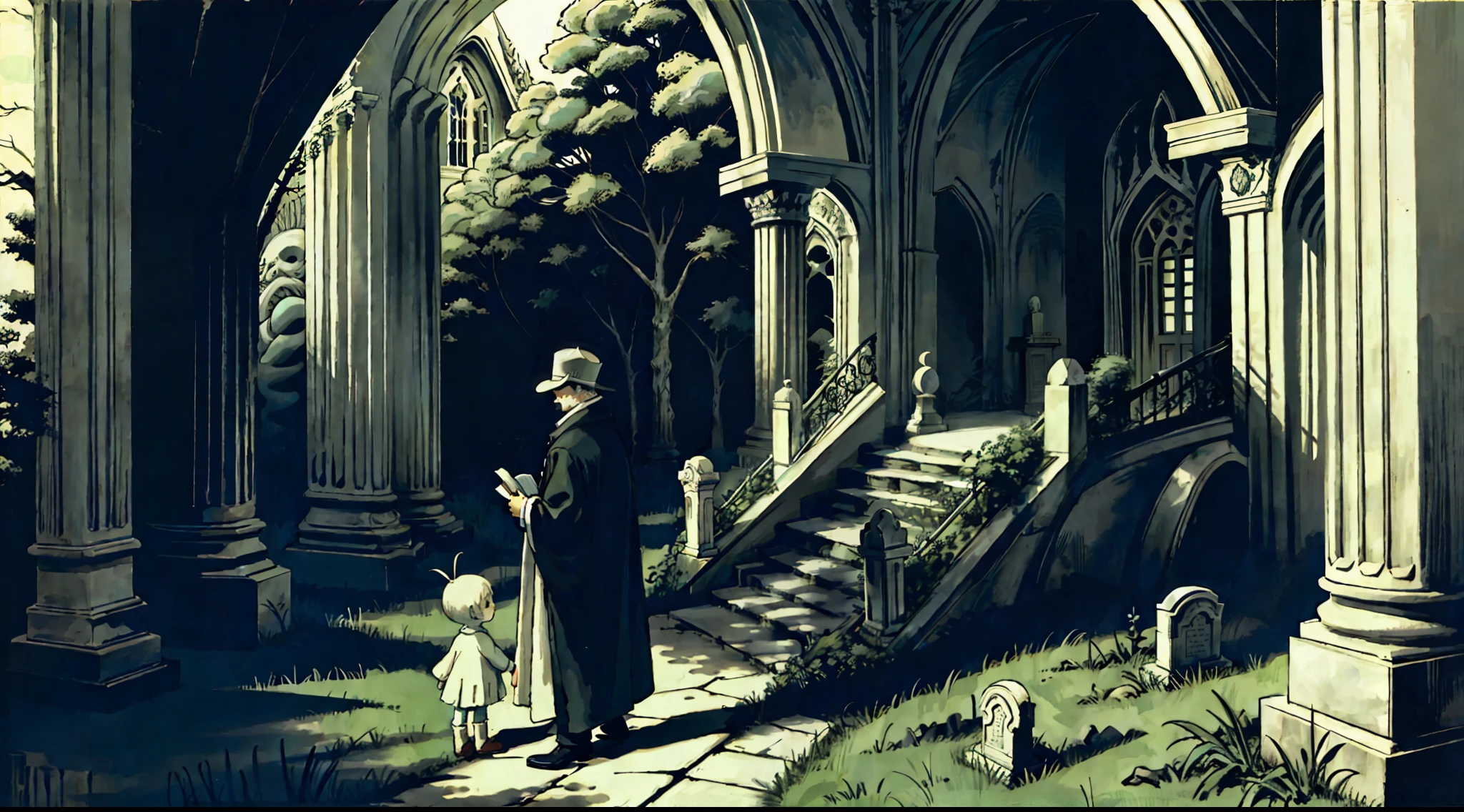 An elemental cryptid in an enchanting cemetery by Edward Gorey and Fritz Bleyl