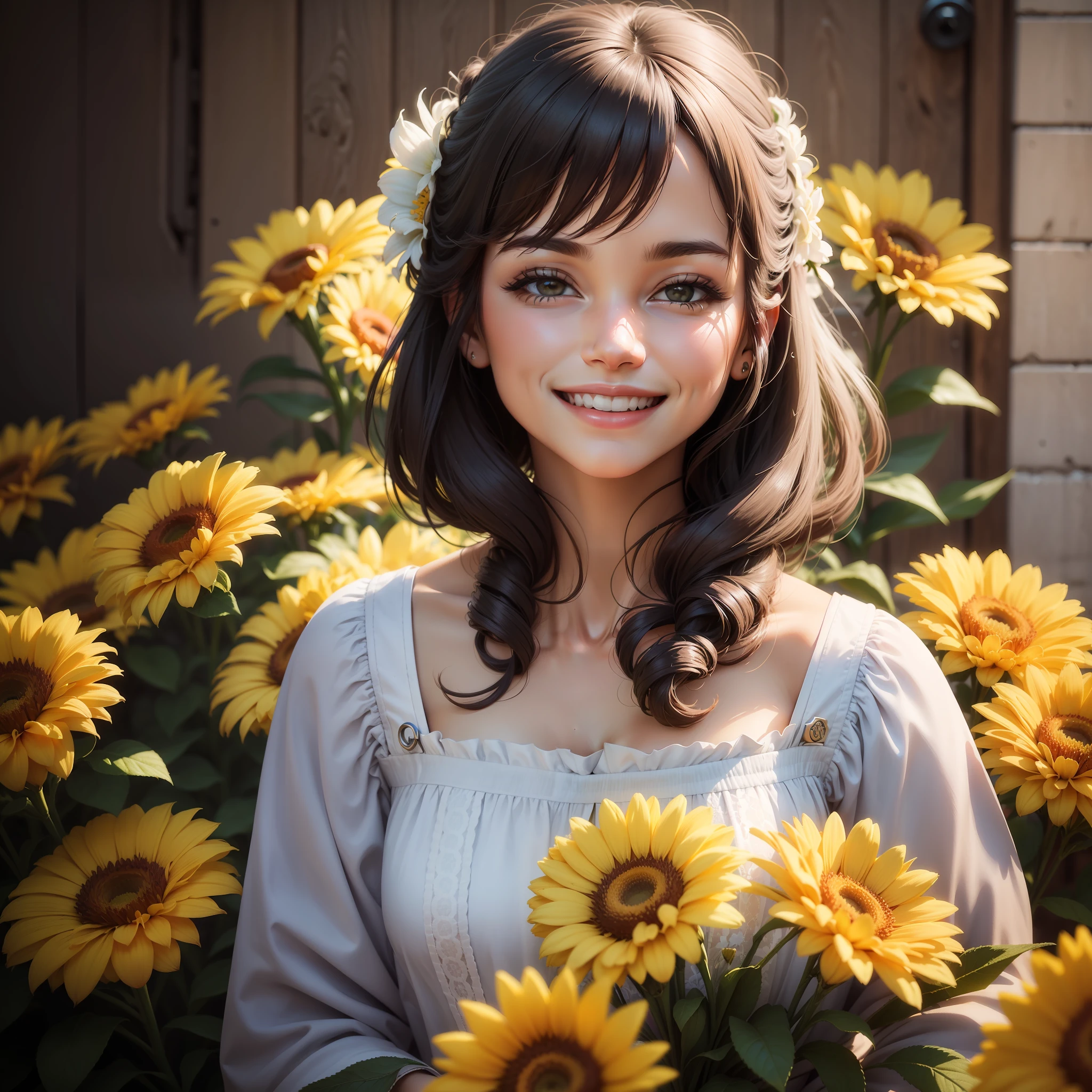 A photo of a smiling woman with flowers, Nikon D850, 85mm lens