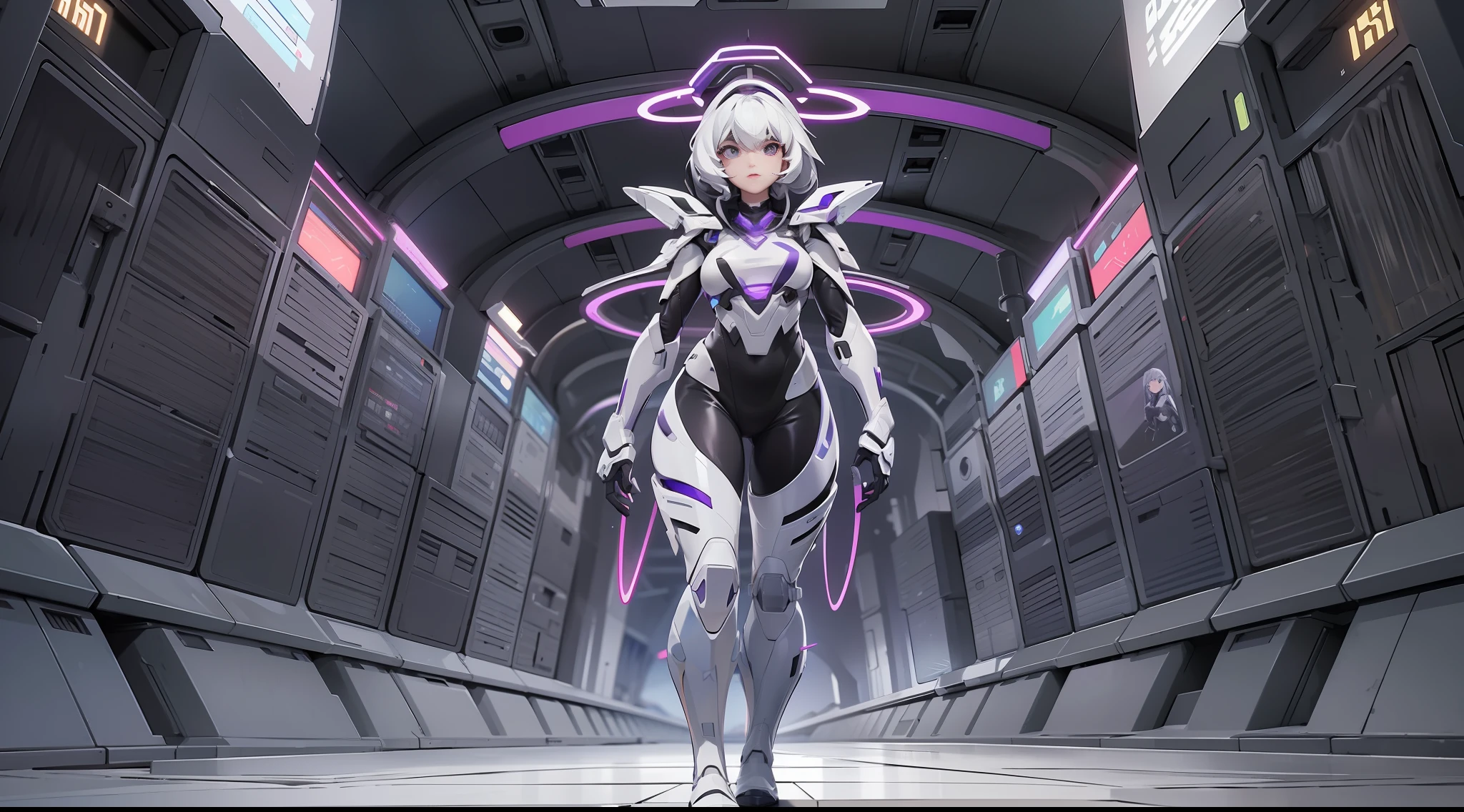 full body picture Unreal Engine 5 8K UHD of a girl, short white hair, wearing futuristic black tight battle suit, futuristic tight helmet covering whole face, futuristic neck collar, purple light details, best quality, masterpiece