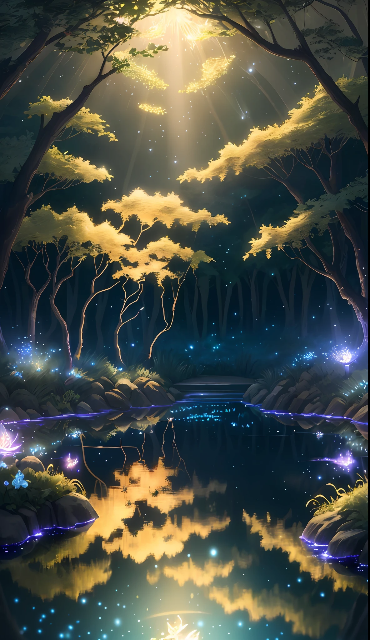 Masterpiece, best quality, (very detailed CG unity 8k wallpaper), (best quality), (best illustration), (best shadows), glow sprite, with a glowing deer, in the swimming pool Drinking water, natural elements in the forest theme. Mysterious forest, beautiful forest, nature, surrounded by flowers, delicate leaves and branches surrounded by fireflies (natural elements), (jungle theme), (leaves), (twigs), (fireflies), (particle effects) etc. 3D , Octane rendering, ray tracing, super detailed