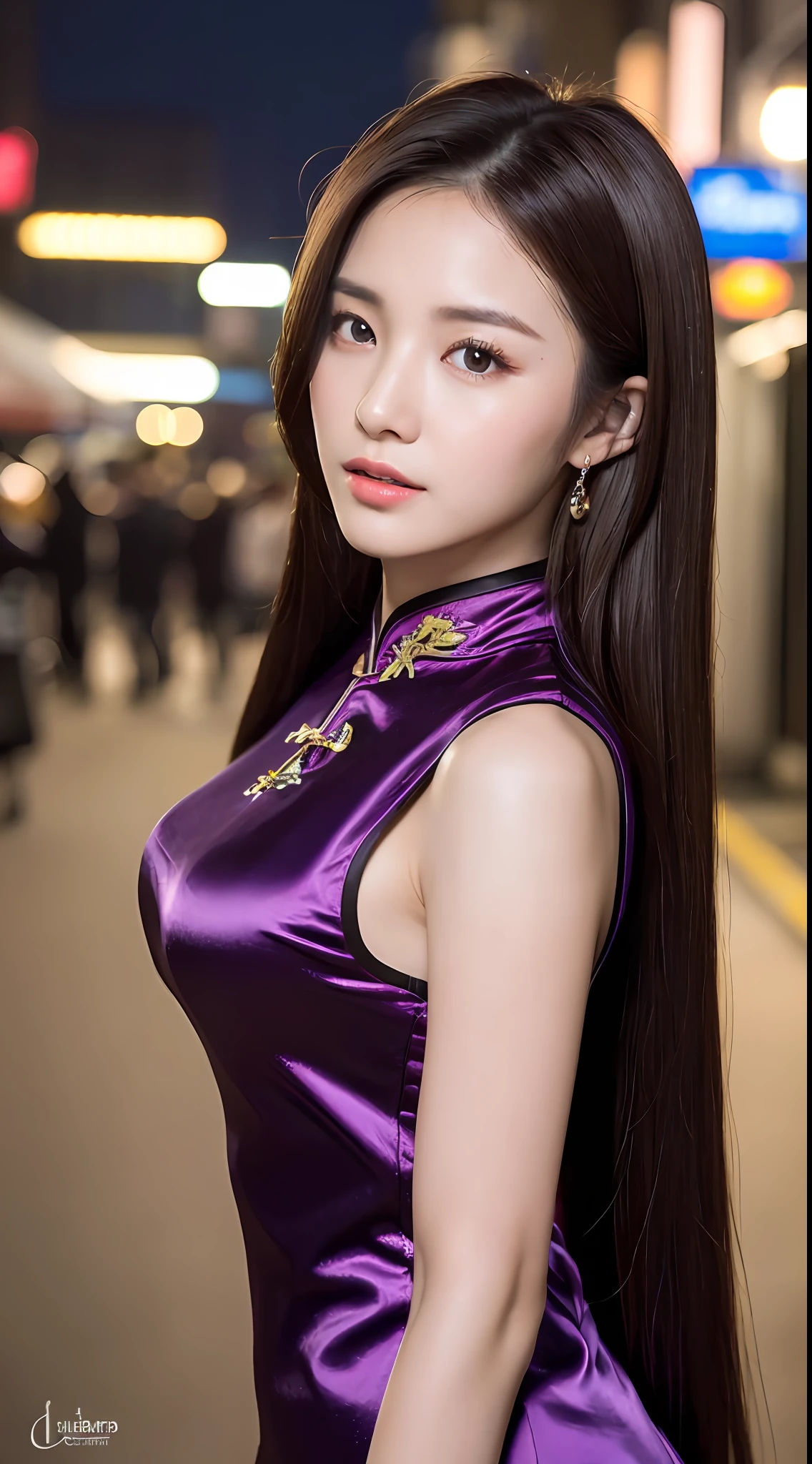 ((Realistic lighting, Bestquality, 8k, MASTERPIECE:1.3)), Sharp Focus:1.2, 1girl, A beauty with a perfect figure:1.4, Slim abs:1.1, ((Dark Brown Hair)), (Purple silk cheongsam:1.4）,（out door，at nighttime：1.1），City street，Ultra-fine face，Fine eyes，Double eyelidd，