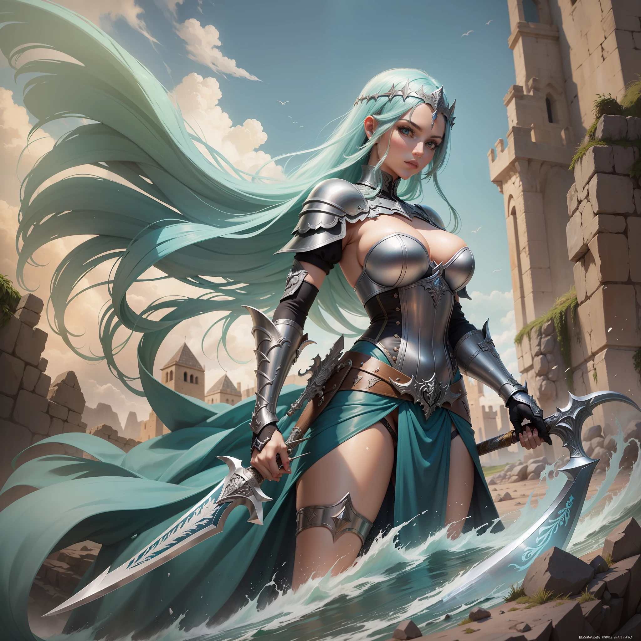 desenhar com alta qualidade uma espada medieval celta, espada linda com um cabo em forma de serpente, espada enfiada na pedra de escadaria, castelo medieval ao fundo, noite brilhante, natureza linda
