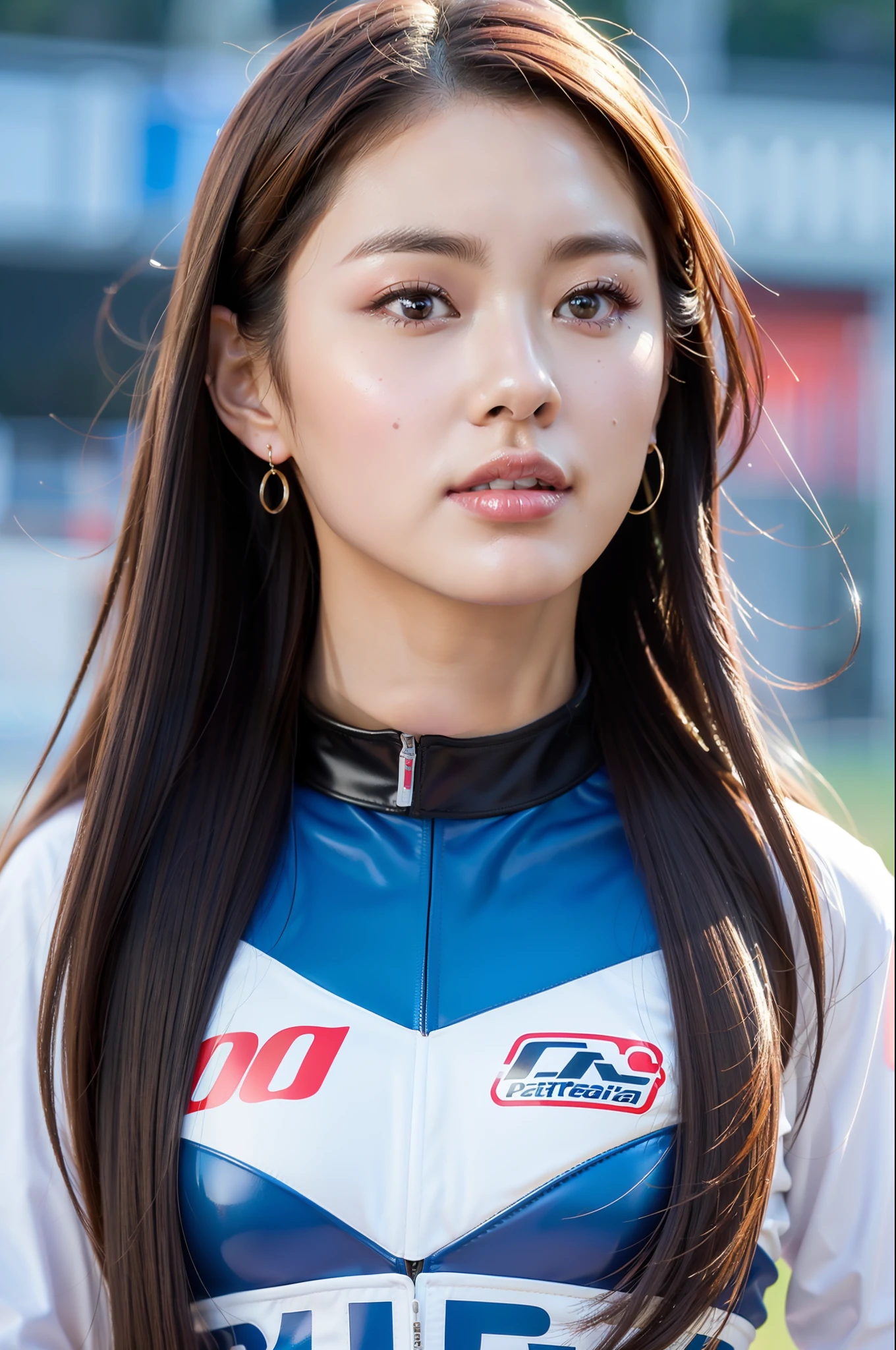 bestquality、A masterpie、Ultra High Res、18 year old、a 1girl、Detailed beauty face、standding、Adorable、race queen、Racing track、Body Paint、fullllbody