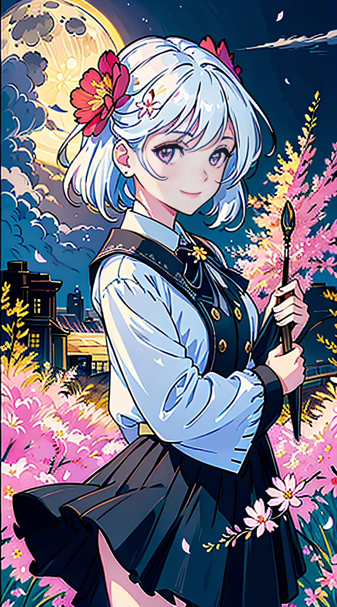 masterpiece, best quality, 1girl, (colorful),(finely detailed beautiful eyes and detailed face),cinematic lighting,bust shot,extremely detailed CG unity 8k wallpaper,white hair,solo,smile,intricate skirt,((flying petal)),(Flowery meadow) sky, cloudy_sky, building, moonlight, moon, night, (dark theme:1.3), light, fantasy,