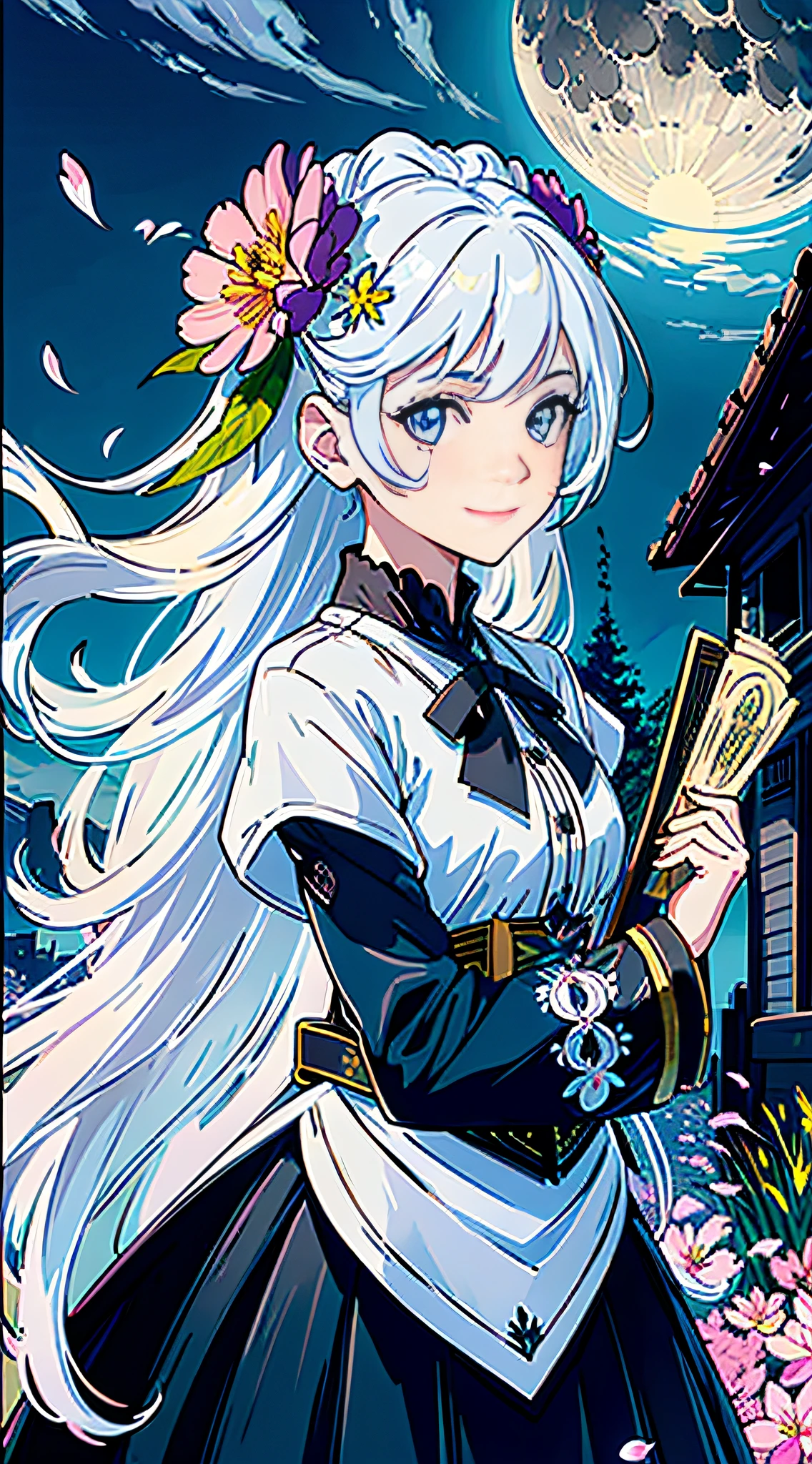 masterpiece, best quality, 1girl, (colorful),(finely detailed beautiful eyes and detailed face),cinematic lighting,bust shot,extremely detailed CG unity 8k wallpaper,white hair,solo,smile,intricate skirt,((flying petal)),(Flowery meadow) sky, cloudy_sky, building, moonlight, moon, night, (dark theme:1.3), light, fantasy,