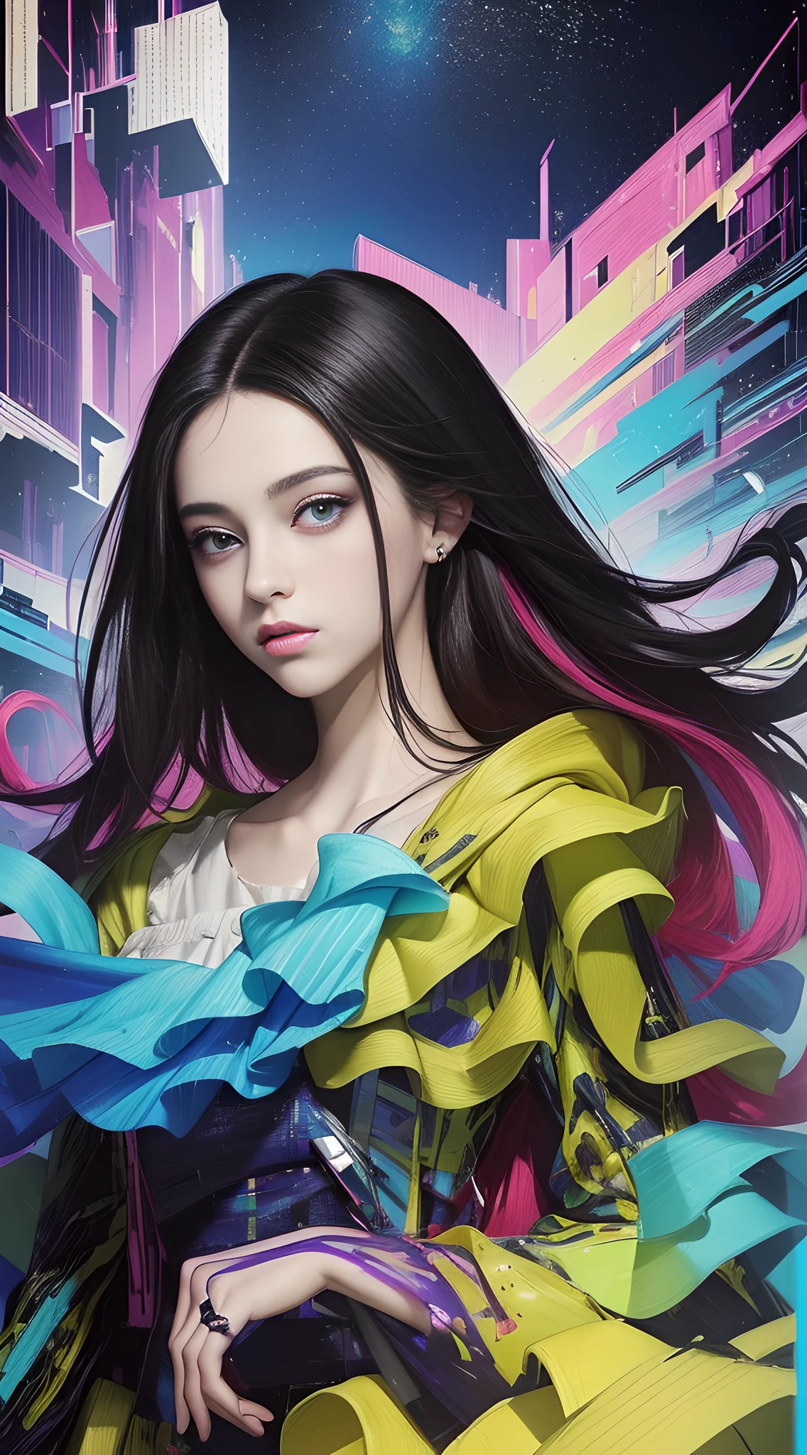 (masterpiece, top quality, best, official art, beautiful and aesthetic:1.2),(masterpiece, top quality, best quality, official art, beautiful and aesthetic:1.2),(masterpiece, top quality, best quality, official art, beautiful and aesthetic:1.2), 1girl, glitch art, (digital distortion), pixelated fragments, data corruption,colorful noise, visual chaos,contemporary aesthetics