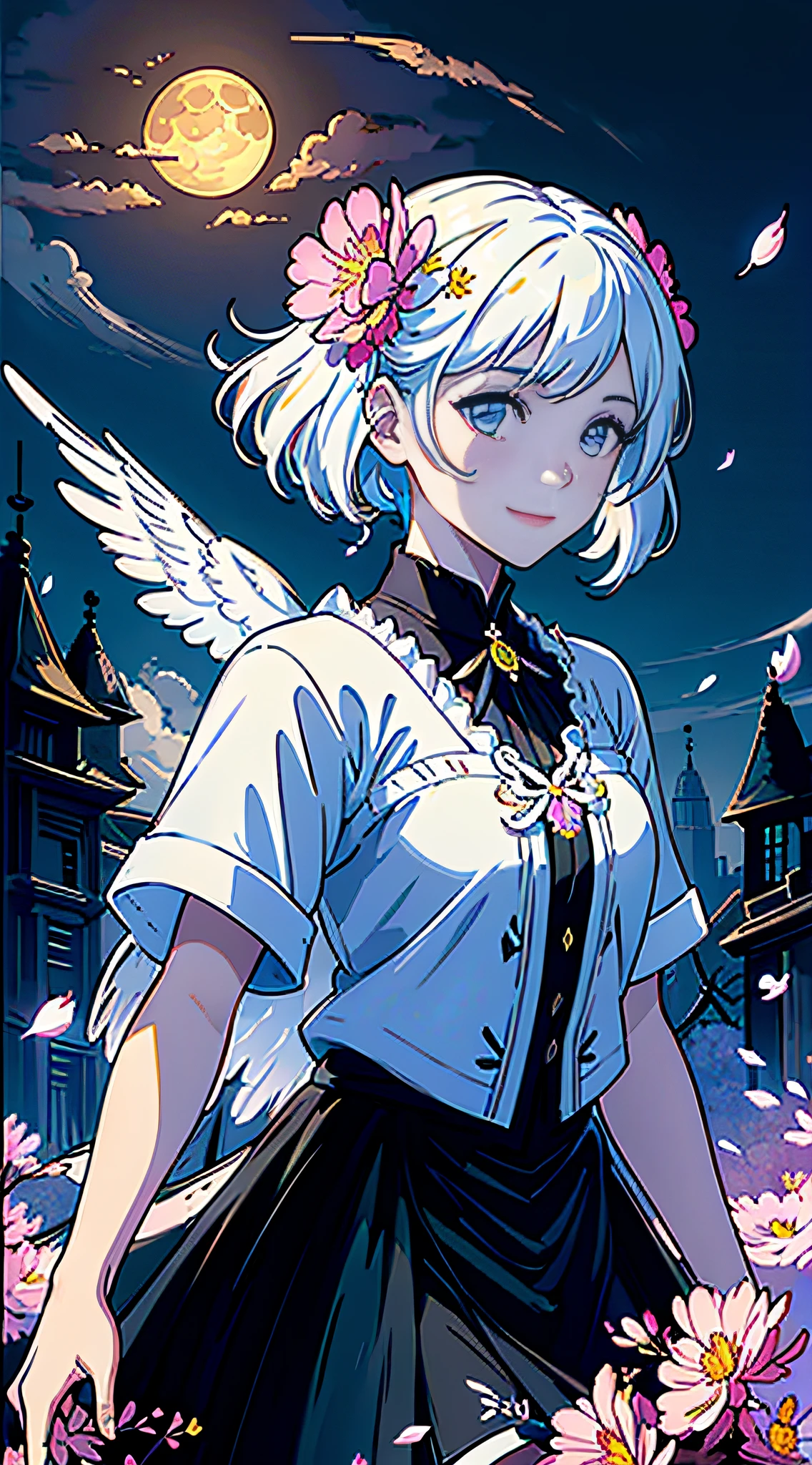 masterpiece, best quality, 1girl, (colorful),(finely detailed beautiful eyes and detailed face),cinematic lighting,bust shot,extremely detailed CG unity 8k wallpaper,white hair,solo,smile,intricate skirt,((flying petal)),(Flowery meadow) sky, cloudy_sky, building, moonlight, moon, night, (dark theme:1.3), light, fantasy,
