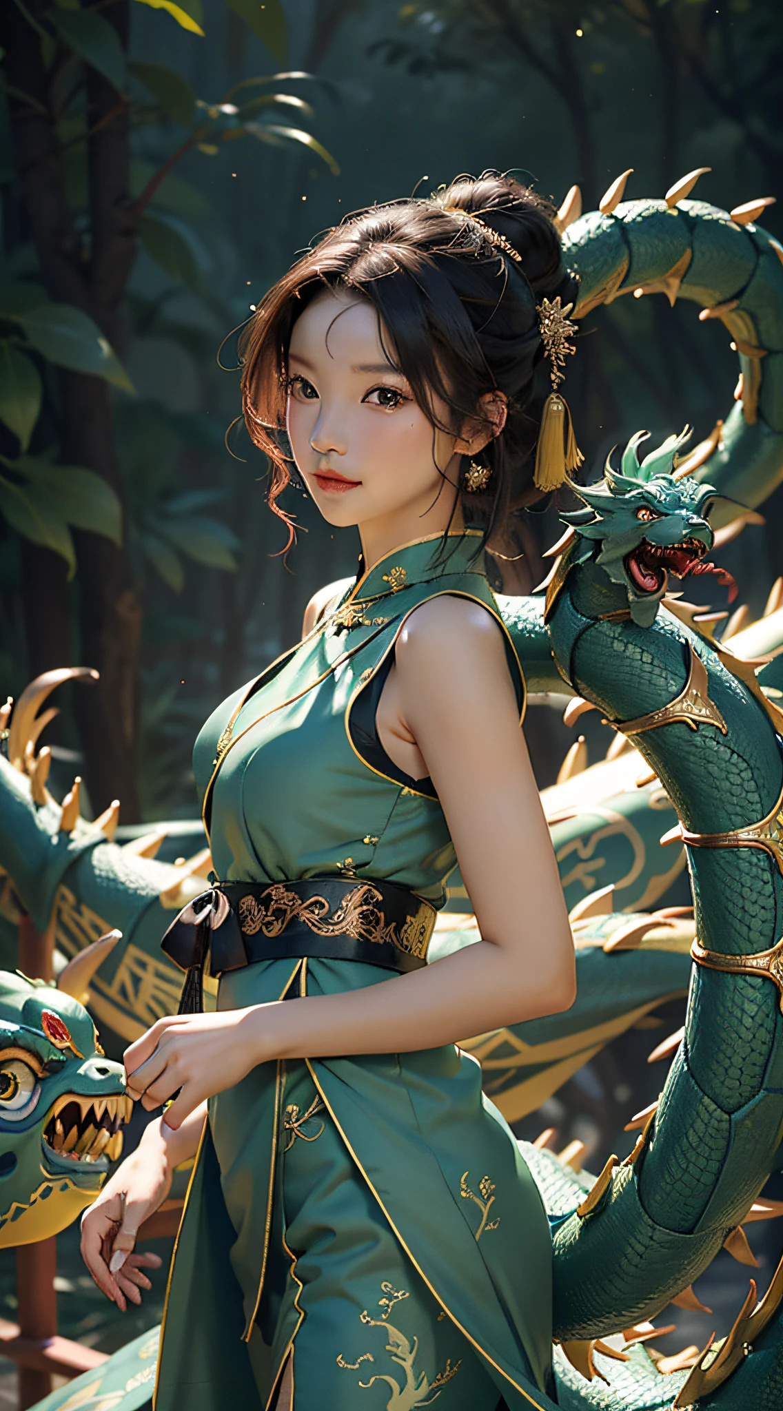 Ultra high quality，Jeizuo，Perfect illustration，extreme details，China Hua，Grandiose Scene 1.4 pcs，theme：Dragon Boat Festival Blue Dragon Maiden picture
hue：The main color is light blue，Paired with fresh greens and bright yellows，Create lightness、Bright atmosphere。
Picture composition：With the green dragon as the main body，On the green dragon sat a girl，The girl was dressed in blue Hanfu，Holding sweet rice dumplings in his hand，Jubilant expressions，Look into the distance。The green dragon's body meandered，The dragon head and tail parts protrude，Highlights the traditional Chinese dragon culture。Around the blue dragon and the maiden，Traditional calamus can be added、Wormwood、realgar、Sachets and other elements，to highlight the history and culture of the Dragon Boat Festival。
Pay special attention：In order to highlight the traditional culture of the Dragon Boat Festival，The girl in the picture is supposed to wear traditional Hanfu，At the same time, the performance of the green dragon does not have to be too realistic，It is possible to add the characteristics of Chinese painting，Such as ink、line、Ink rendering, etc，Create a traditional Chinese style。
Picture atmosphere：The whole picture should create jubilation、lively、Festive atmosphere，It shows the traditional culture of the Dragon Boat Festival，At the same time, create lightness、mingliang、Fresh feeling，Let people feel the joy and enjoyment of the festival。
Other elements：The performance of the green dragon can also be added to the river、Traditional elements such as dragon boats，To highlight the dragon boat racing style of the Dragon Boat Festival。At the same time