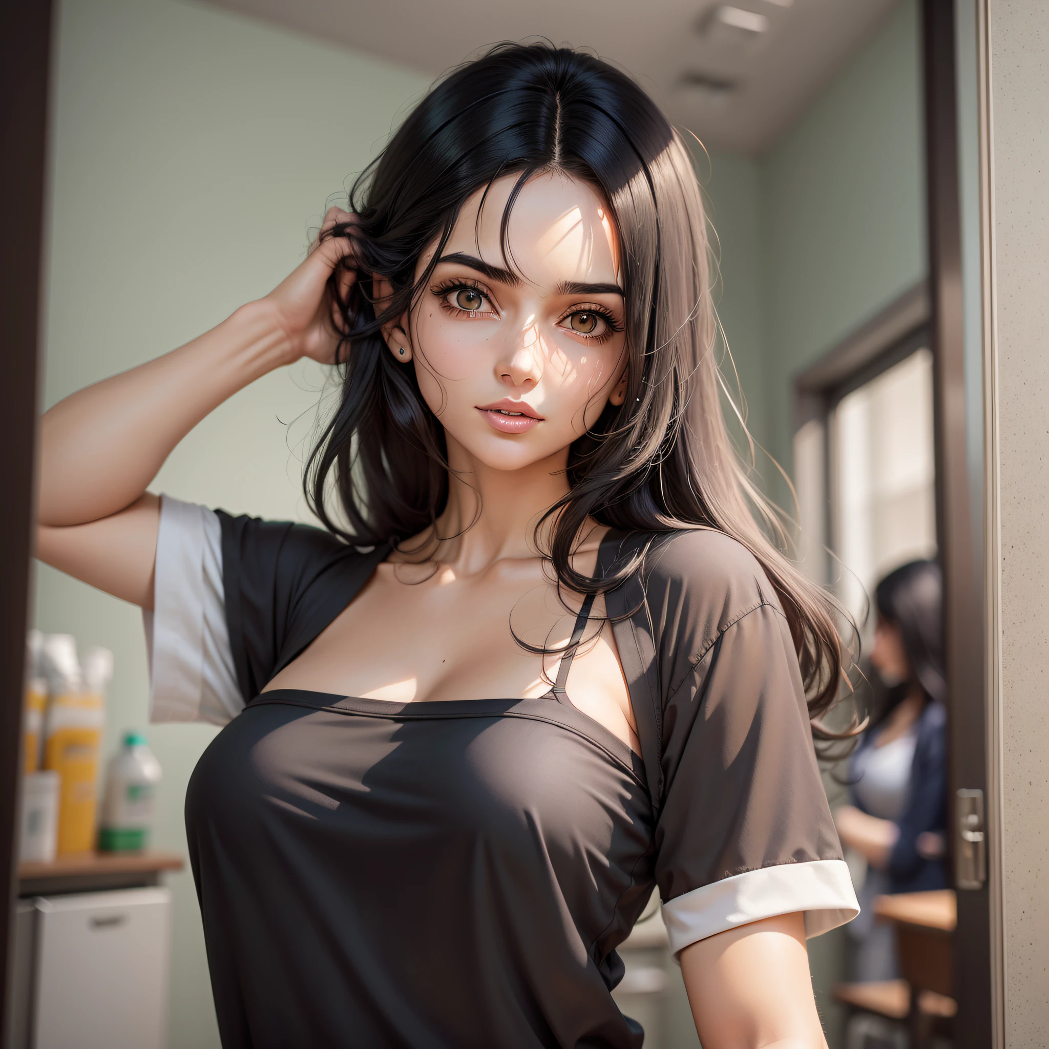 mulher magra, roupas grandes, pernas magras, roupas hospitalares, cabelos curto, disease, Pijama, black hair, asymmetrical hair, olhos em branco, sorrir, feliz, Hiper realismo, anime style, Realismo, anatomicamente correto, pele texturizada, melhor qualidada