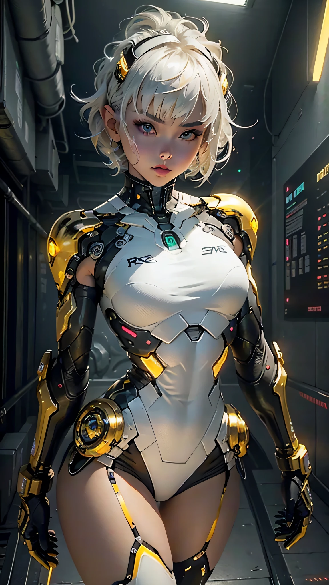 Beautiful cybernetic girl looking at camera underwear detailed muscles realistic masterpiece,Active Pose、action pose、LED Light、Gold Parts、bangs、Short Hair、white haired、angle from above