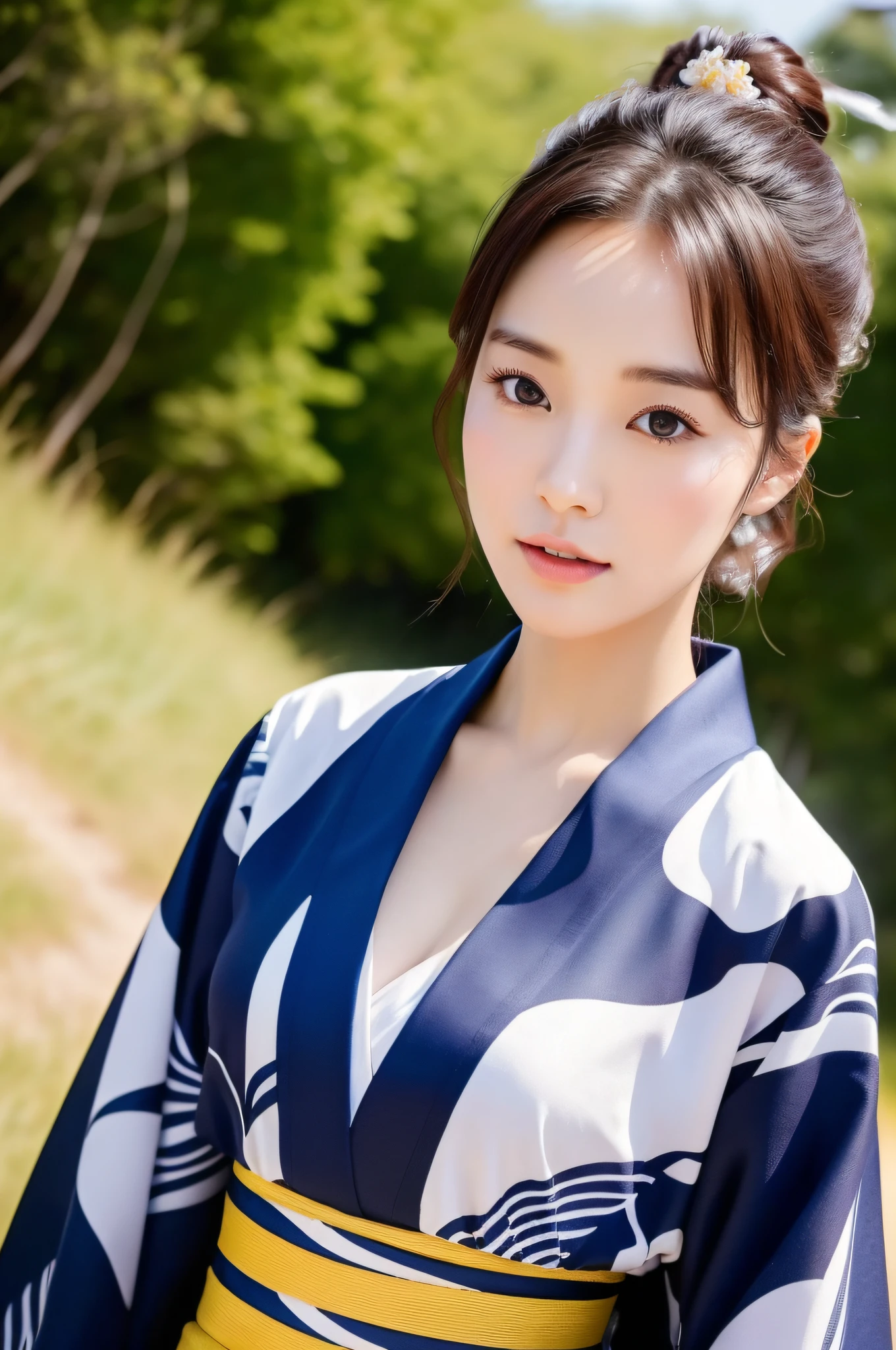 ((Top Quality, 8K, Masterpiece: 1.3)), Sharp Focus: 1.2, (Super Beautiful Face: 1.0), (Slender Abs Beauty: 1.0), (Shiny Skin: 1.0), Realistic Photography, Black Hair, Realistic Pupils, Video Lighting, High Definition Eyes and Face, Video Lighting, (Cowboy Shot: 1.3), kimono, hakama, obi, (Korean Cute Actress), in nature, traditional kimono