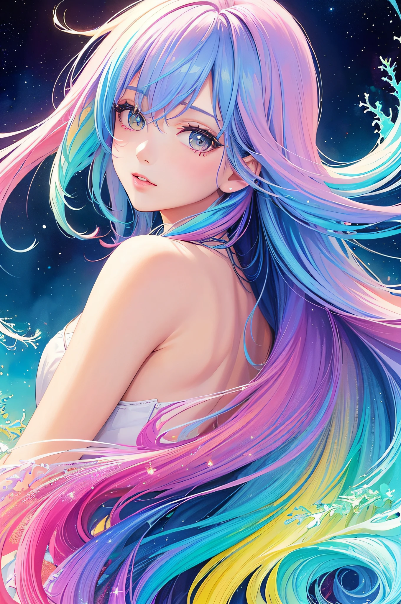 (masterpiece, top quality, best quality,watercolor (medium),official art, beautiful and aesthetic:1.2),(1girl:1.3), (fractal art:1.3),upper body, from side, looking at viewer,patterns,(rainbow color Hair,colorful hair,half blue and half pink hair:1.2),water,liquid, cloud,colorful, starry,stars,