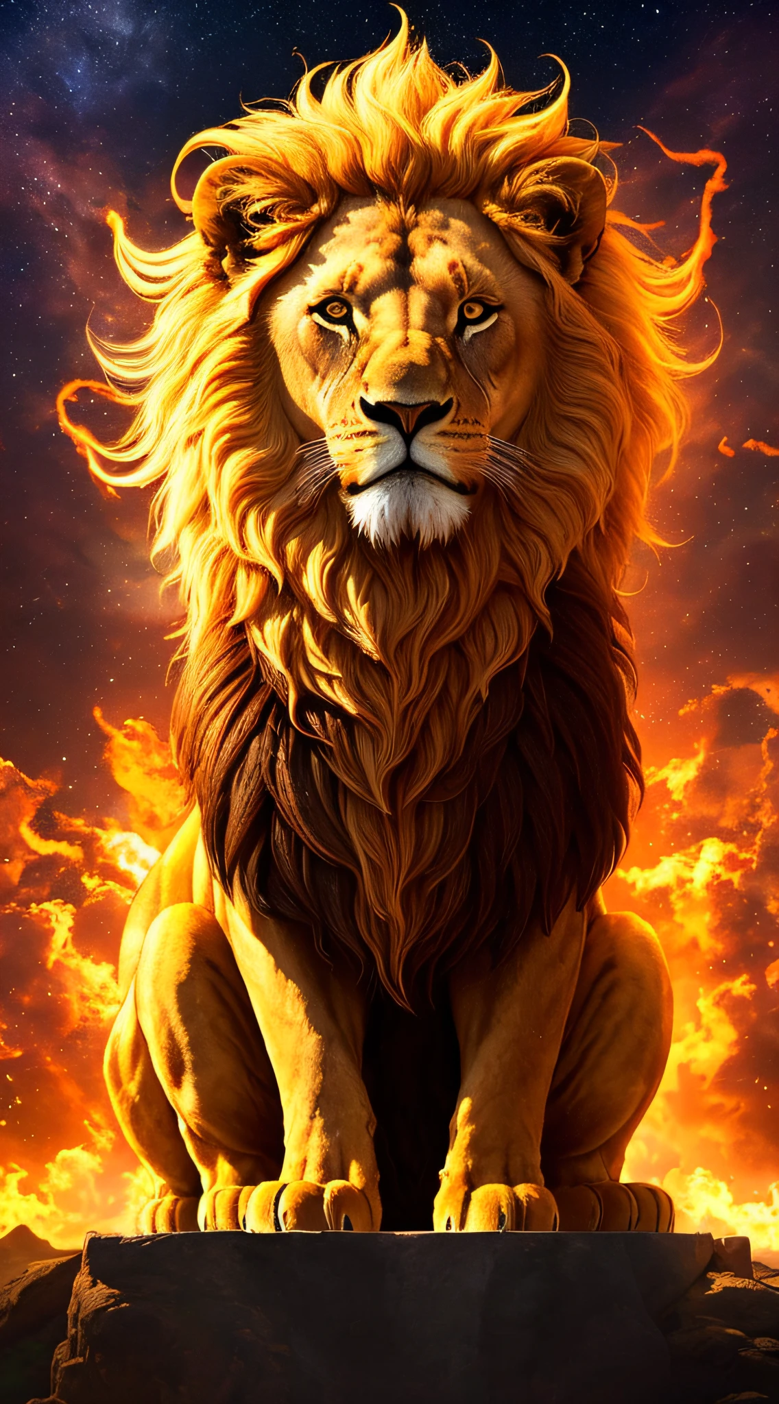 Um Royal King Lion corpo cheio, background galaxy, Magical 3D, completo-resolution RTX style, sentado em um trono, captured through Photography with a 35mm lens. Inspired by the art of National Geographic photographers, The scene depicts the majestic lion, majestoso e poderoso. The color temperature is warm, with golden tones highlighting the grandeur of the lion. The lion's olhos ardem com chamas intensas, emanating a sense of authority and dominance. Lighting casts dramatic shadows, criando uma atmosfera cativante, symmetrical, corpo cheio, large angle, RTX, BobyBuilder