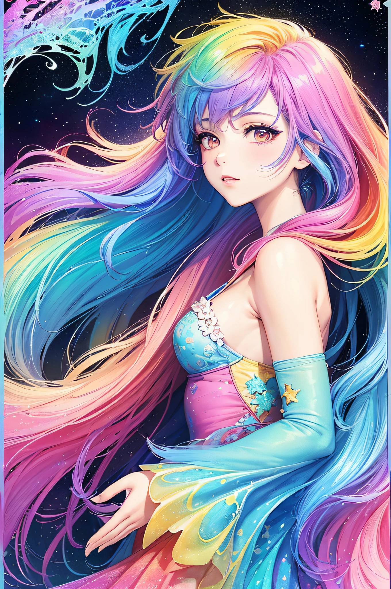 (masterpiece, top quality, best quality,watercolor (medium),official art, beautiful and aesthetic:1.2),(1girl:1.3), (fractal art:1.3),upper body, from side, looking at viewer,patterns,(rainbow color Hair,colorful hair,half blue and half pink hair:1.2),water,liquid, cloud,colorful, starry,stars,