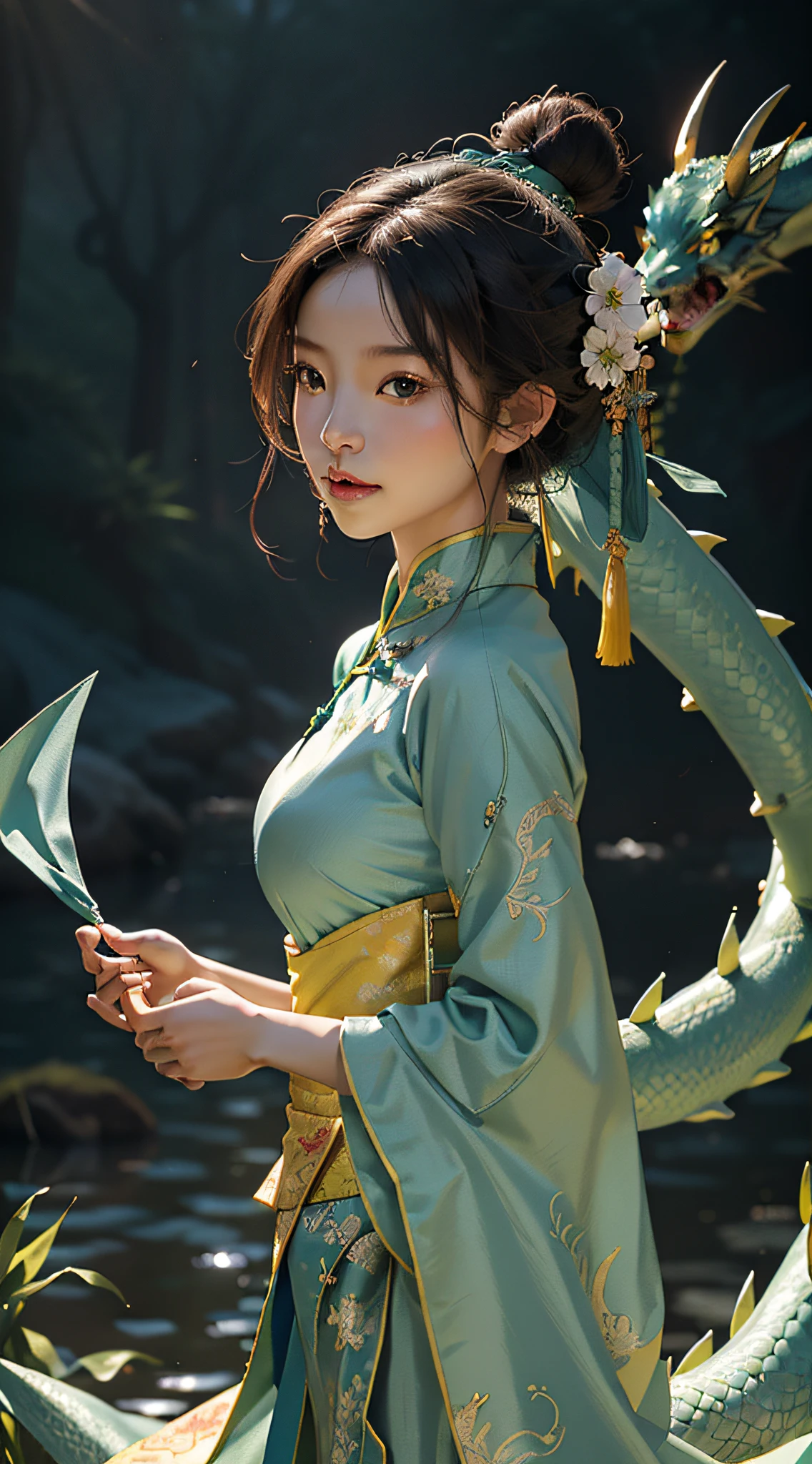 Ultra high quality,Jeizuo,Perfect illustration,extreme details,China Hua,Grandiose Scene 1.4 pcs,theme:Dragon Boat Festival Blue Dragon Maiden picture
hue:The main color is light blue,Paired with fresh greens and bright yellows,Create lightness、Bright atmosphere。
Picture composition:With the green dragon as the main body,On the green dragon sat a girl,The girl was dressed in blue Hanfu,Holding sweet rice dumplings in his hand,Jubilant expressions,Look into the distance。The green dragon's body meandered,The dragon head and tail parts protrude,Highlights the traditional Chinese dragon culture。Around the blue dragon and the maiden,Traditional calamus can be added、Wormwood、realgar、Sachets and other elements,to highlight the history and culture of the Dragon Boat Festival。
Pay special attention:In order to highlight the traditional culture of the Dragon Boat Festival,The girl in the picture is supposed to wear traditional Hanfu,At the same time, the performance of the green dragon does not have to be too realistic,It is possible to add the characteristics of Chinese painting,Such as ink、line、Ink rendering, etc,Create a traditional Chinese style。
Picture atmosphere:The whole picture should create jubilation、lively、Festive atmosphere,It shows the traditional culture of the Dragon Boat Festival,At the same time, create lightness、mingliang、Fresh feeling,Let people feel the joy and enjoyment of the festival。
Other elements:The performance of the green dragon can also be added to the river、Traditional elements such as dragon boats,To highlight the dragon boat racing style of the Dragon Boat Festival。At the same time